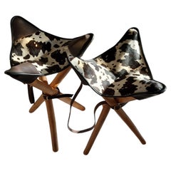 Hand Made Walnut Tripod Folding Stool Dalmatian Leather Seat by PUNKT Workshop