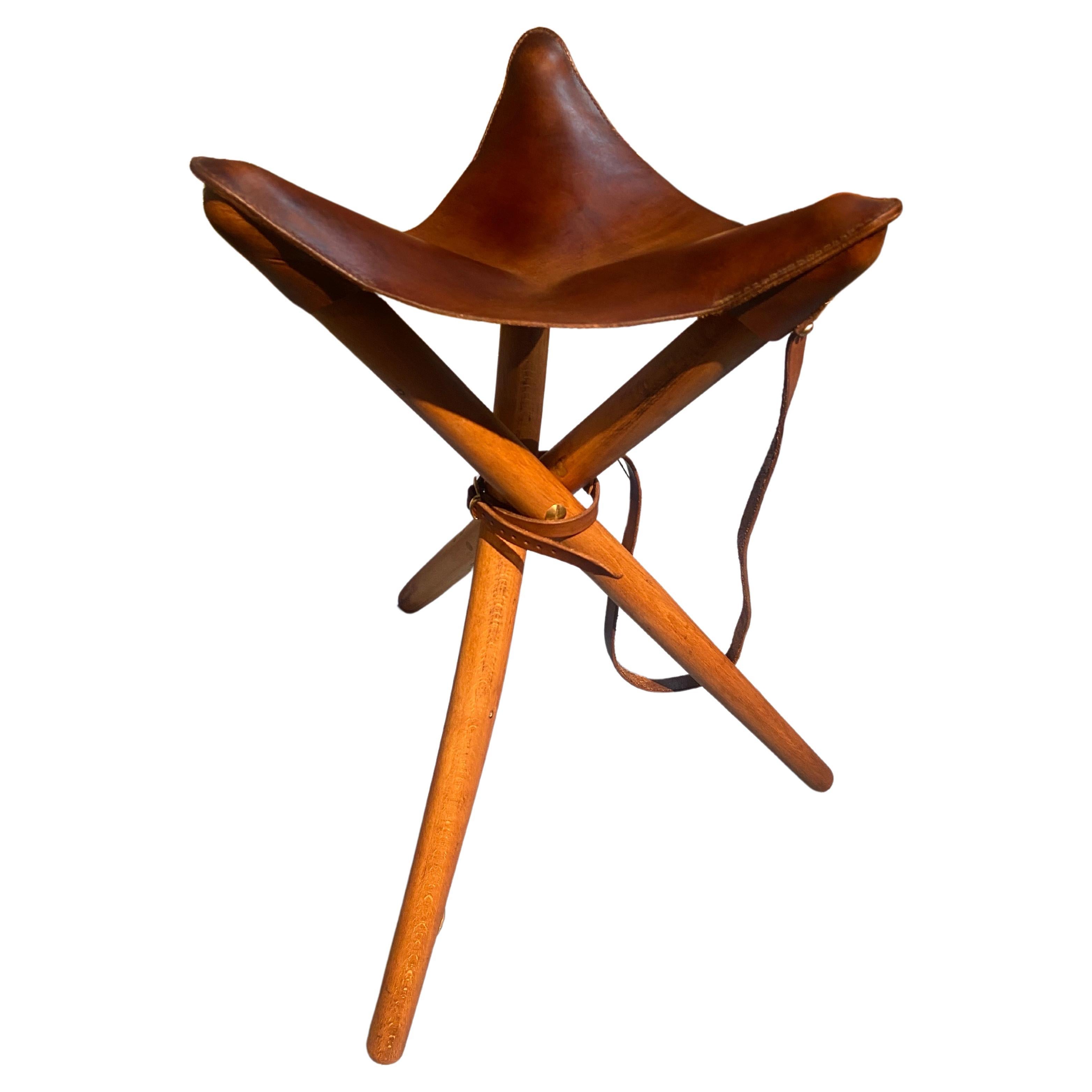 Hand Made Walnut Tripod Folding Stool with Leather Seat by PUNKT Workshop For Sale