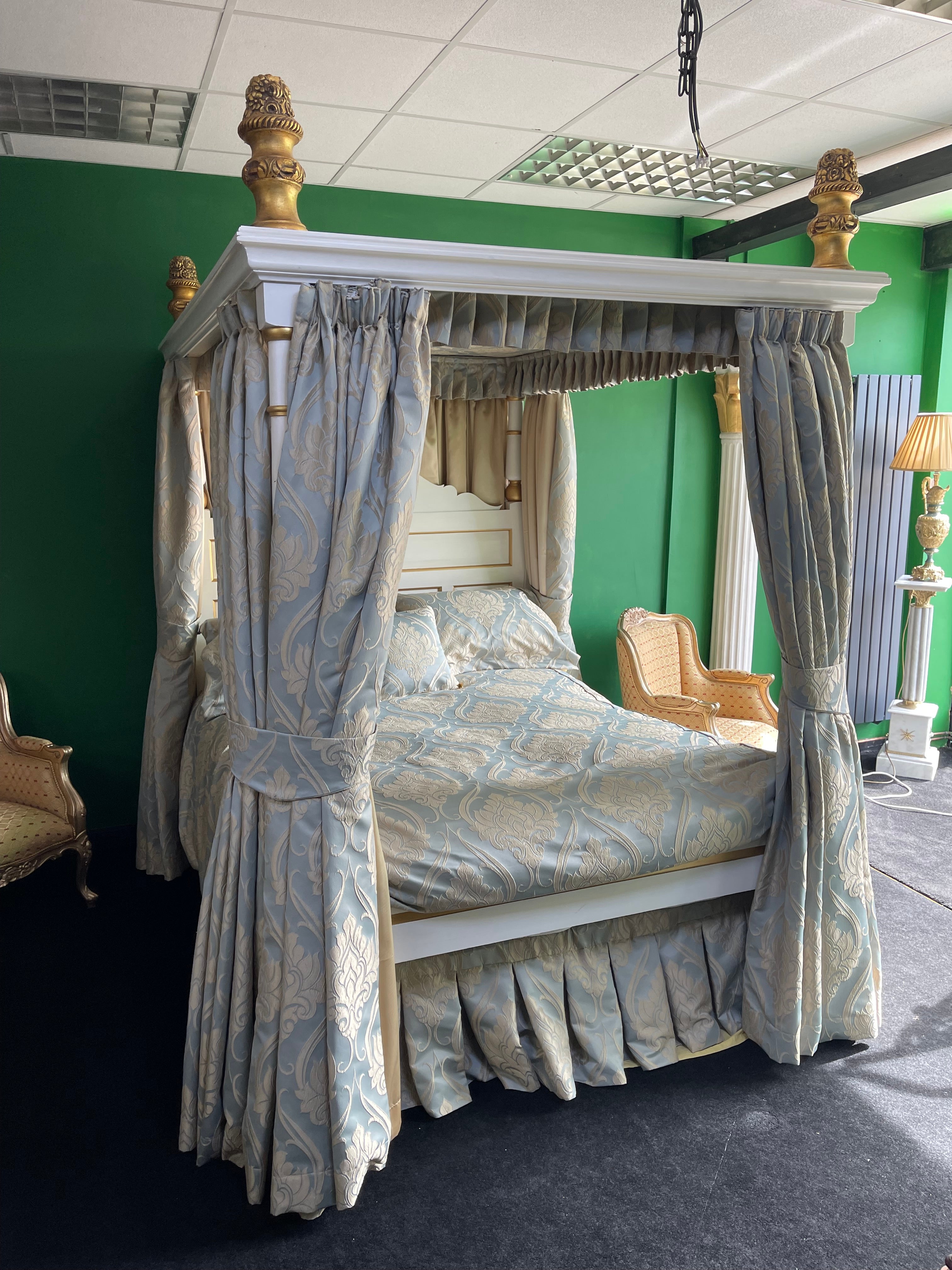 Hand Made White & Gold Painted Carved Wooden Four Poster Bed For Sale