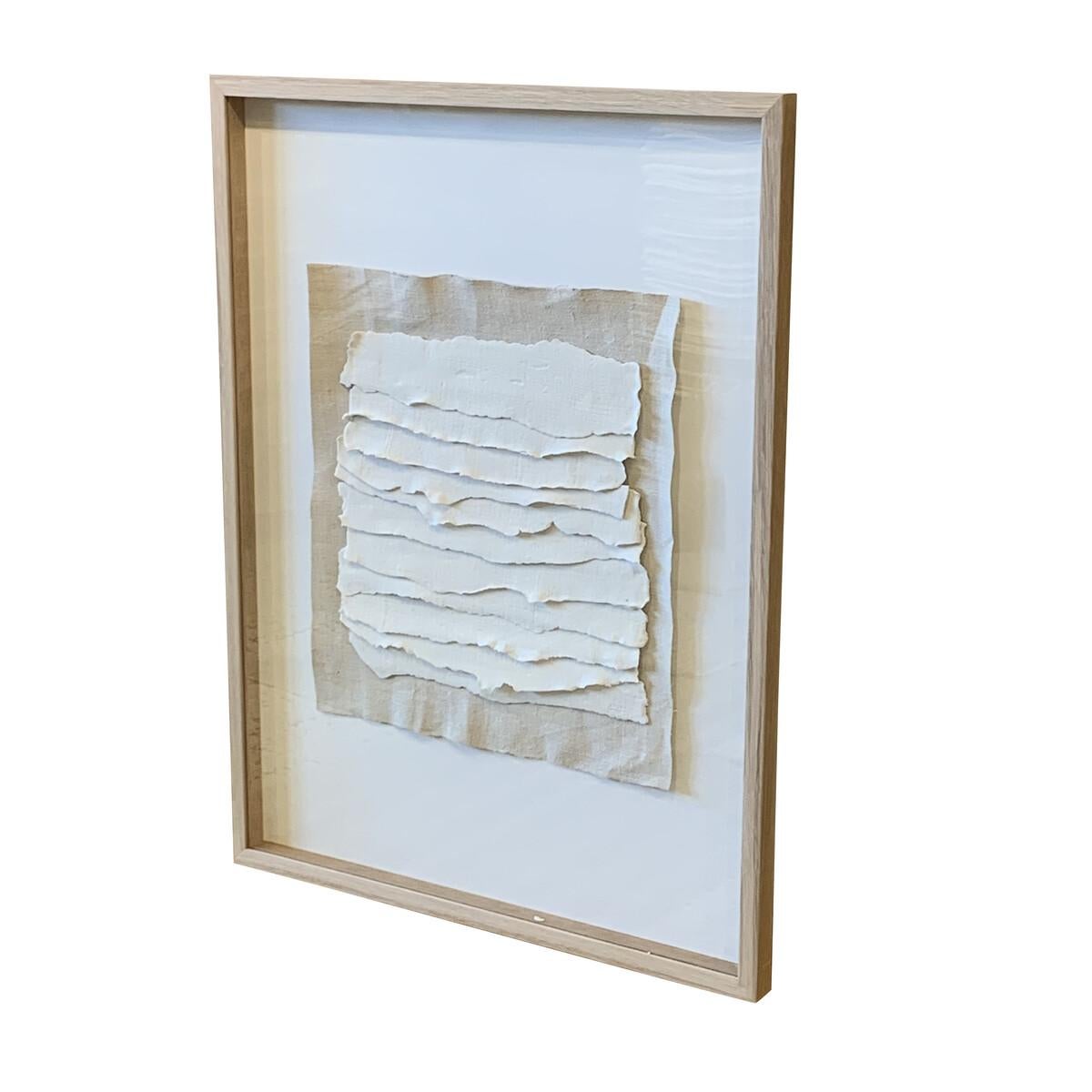 Contemporary French handmade and free formed strips of linen textured porcelain framed in light oak frames.
The porcelain pieces are mounted on linen.
Two framed pieces available (P1276A).
Sold individually.