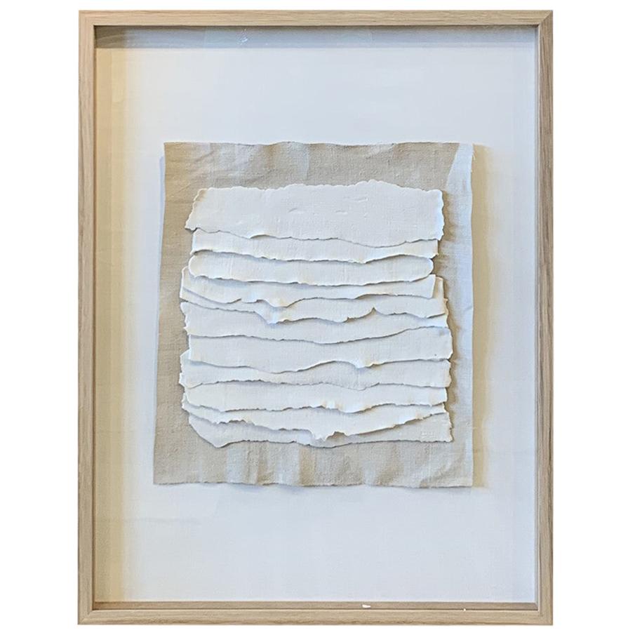 Handmade White Textured Porcelain Strips in Frame, France, Contemporary