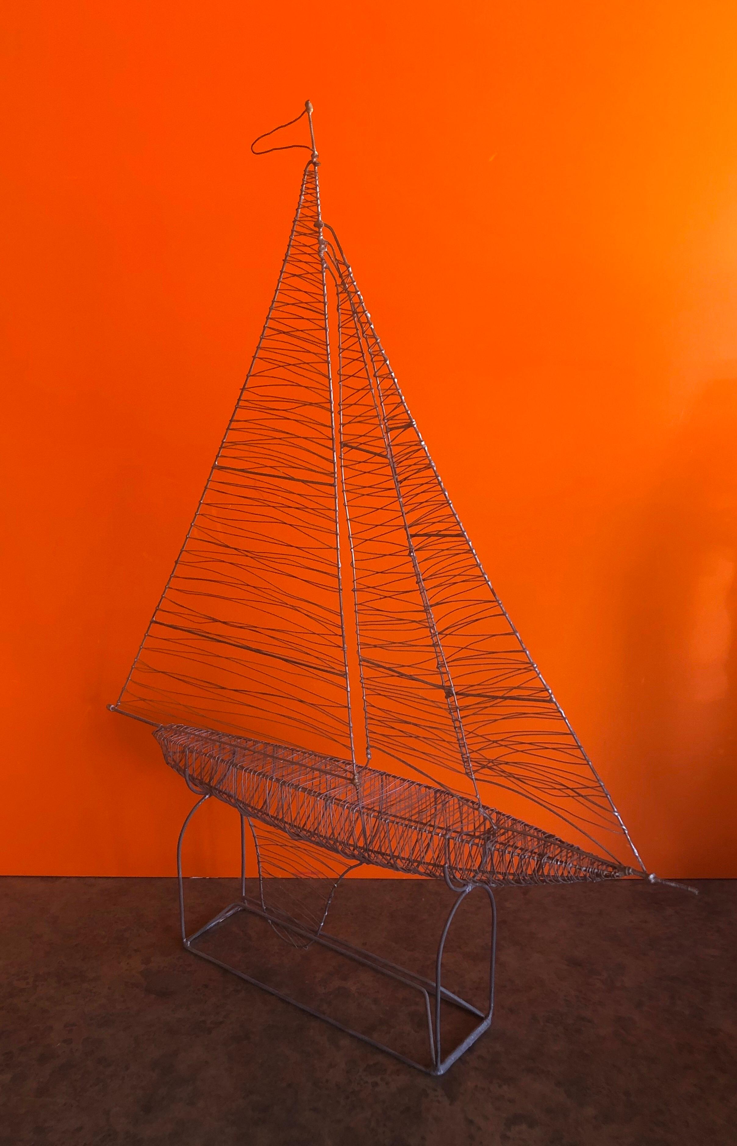 Handmade Wire Sailboat Sculpture with Stand In Good Condition In San Diego, CA