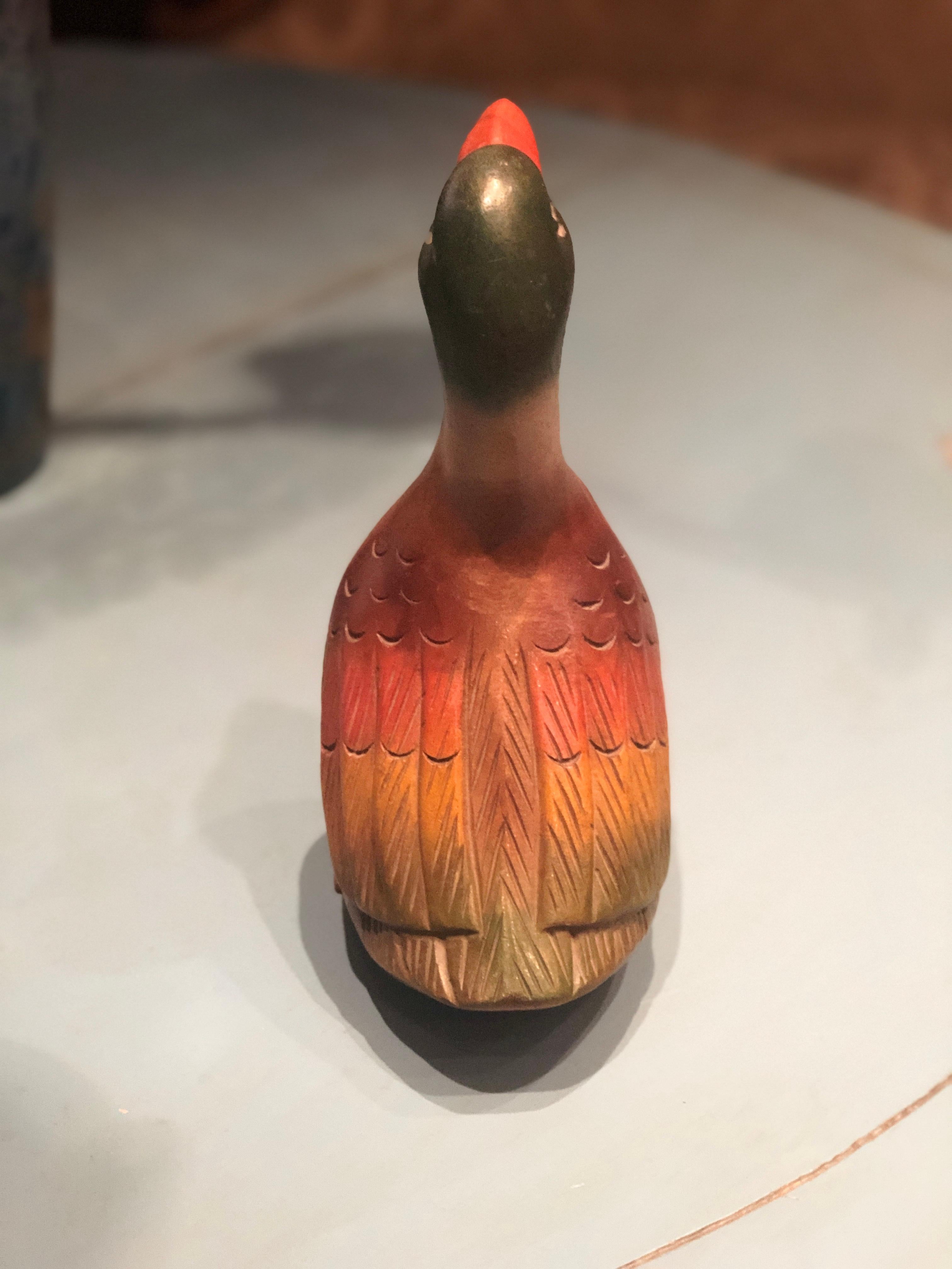 French Handmade Wooden Painted Sculpture of a Duck