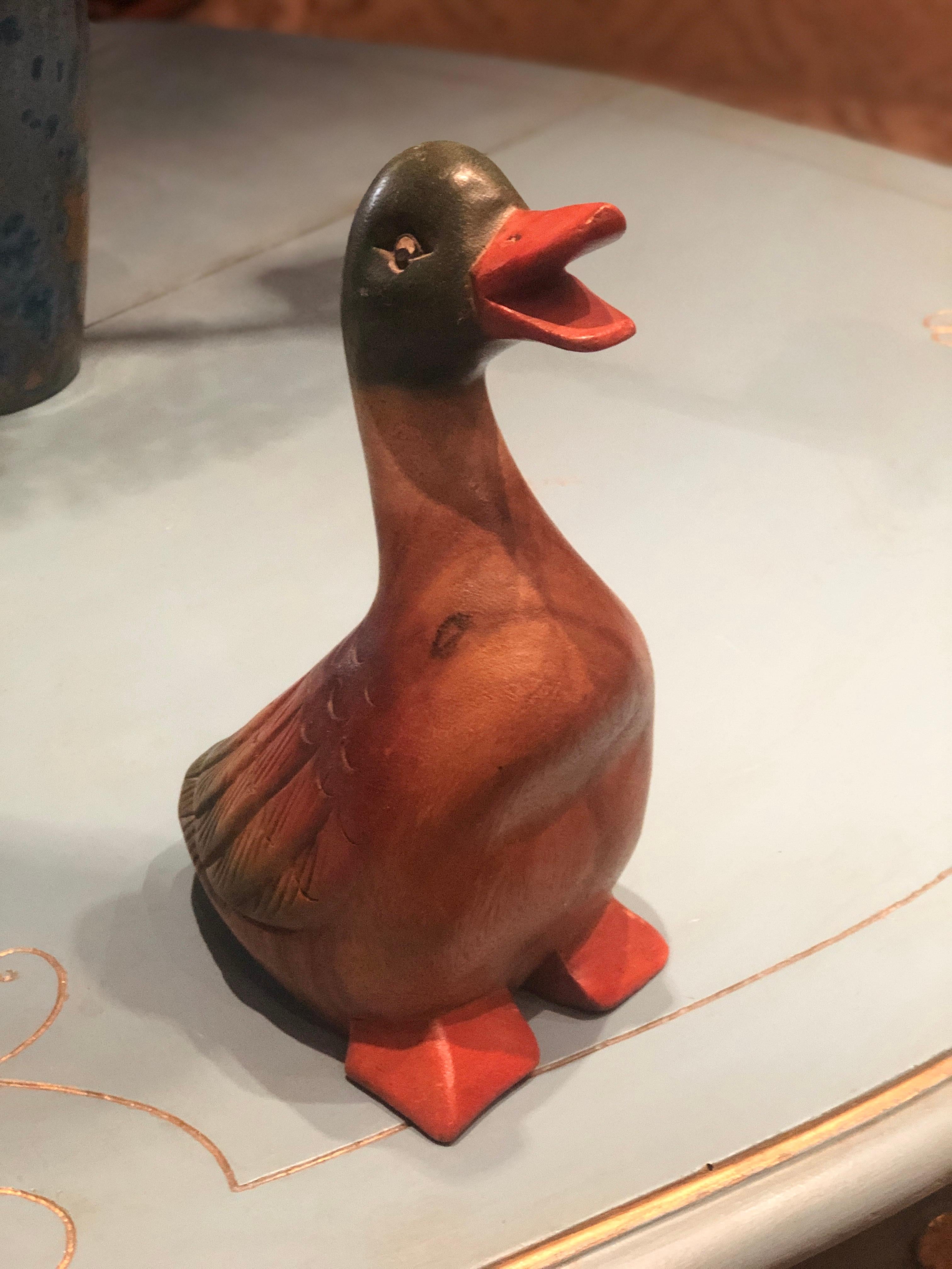 Hand-Painted Handmade Wooden Painted Sculpture of a Duck