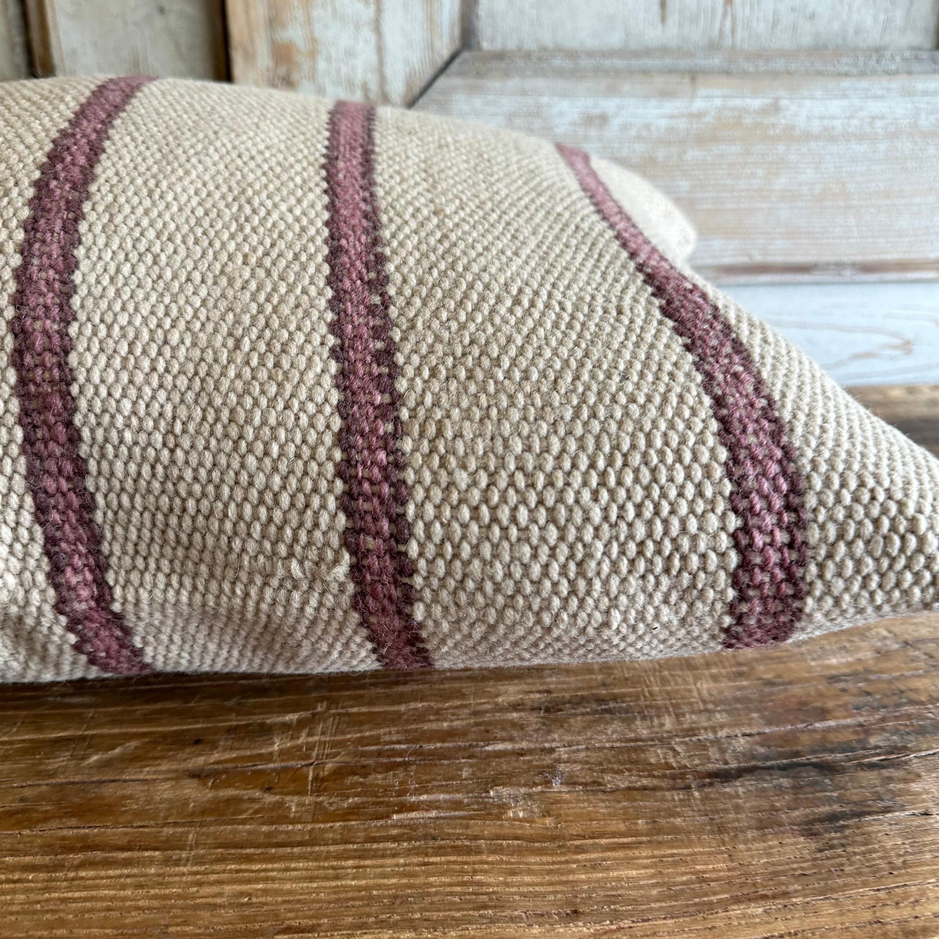 Organic Modern Hand Made Wool Texture Lumbar Pillow in Natural and Plum For Sale