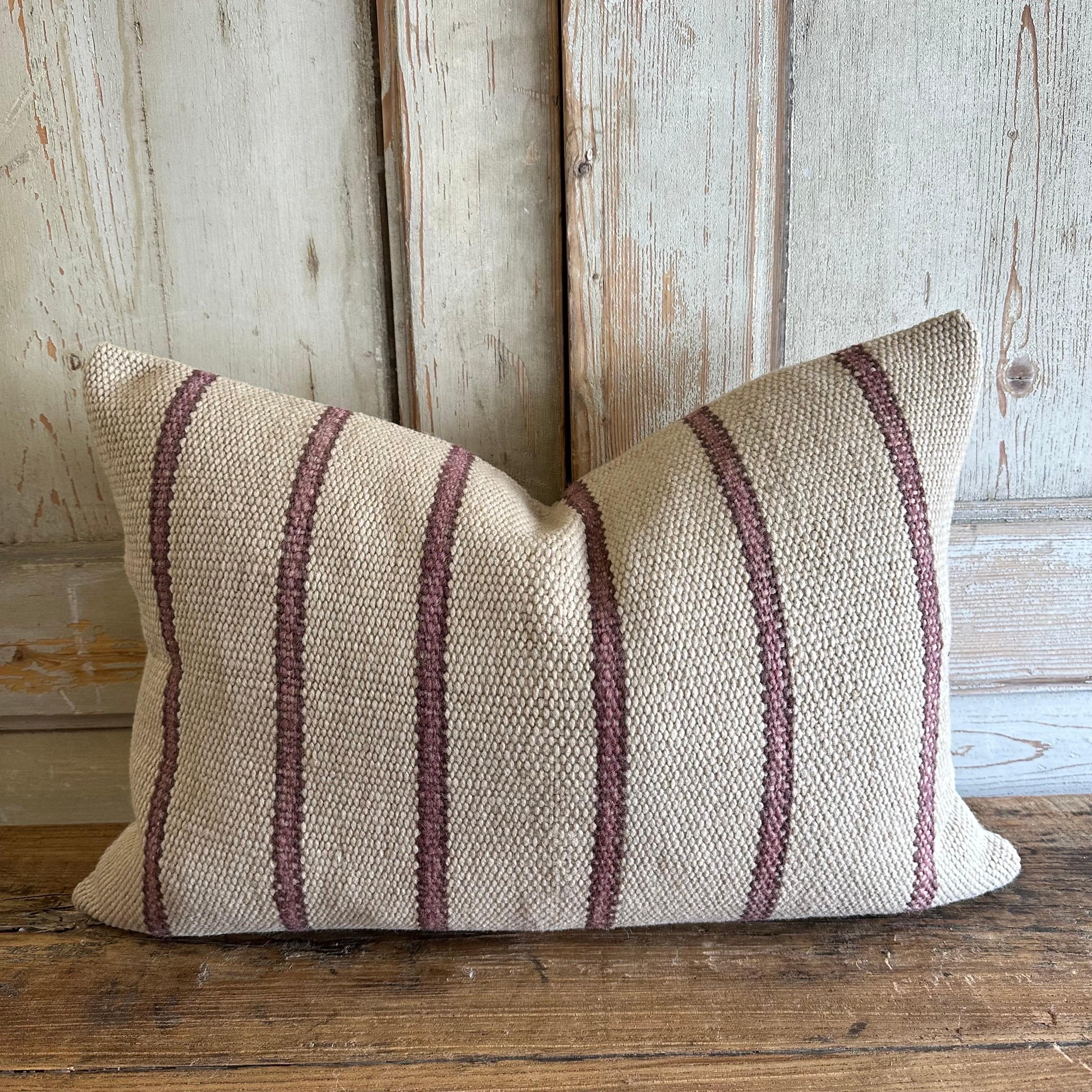Hand Made Wool Texture Lumbar Pillow in Natural and Plum In New Condition For Sale In Brea, CA