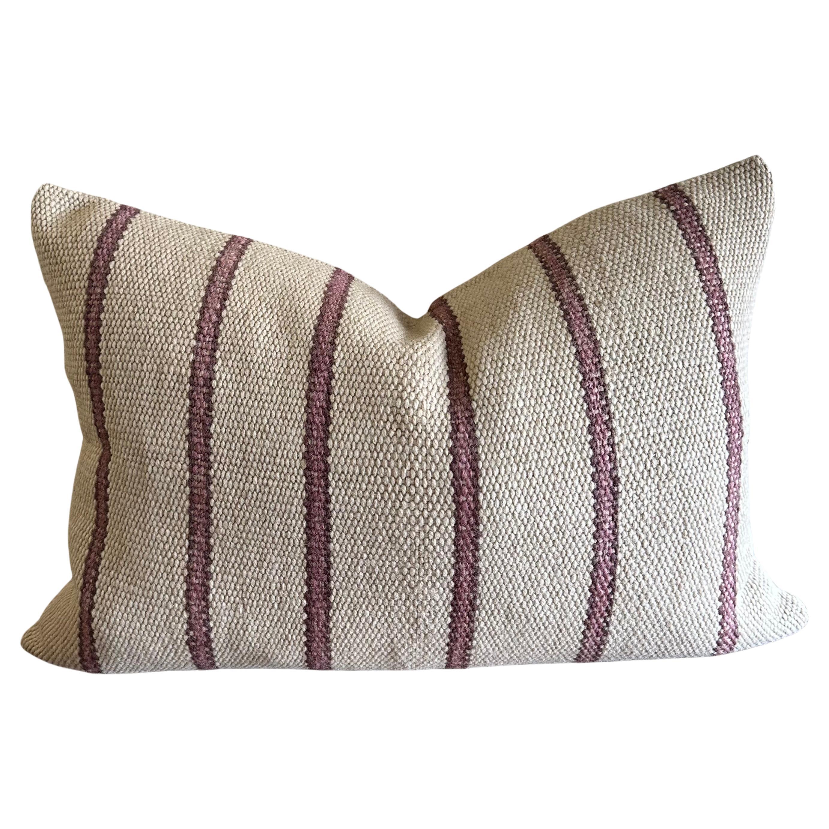 Hand Made Wool Texture Lumbar Pillow in Natural and Plum For Sale