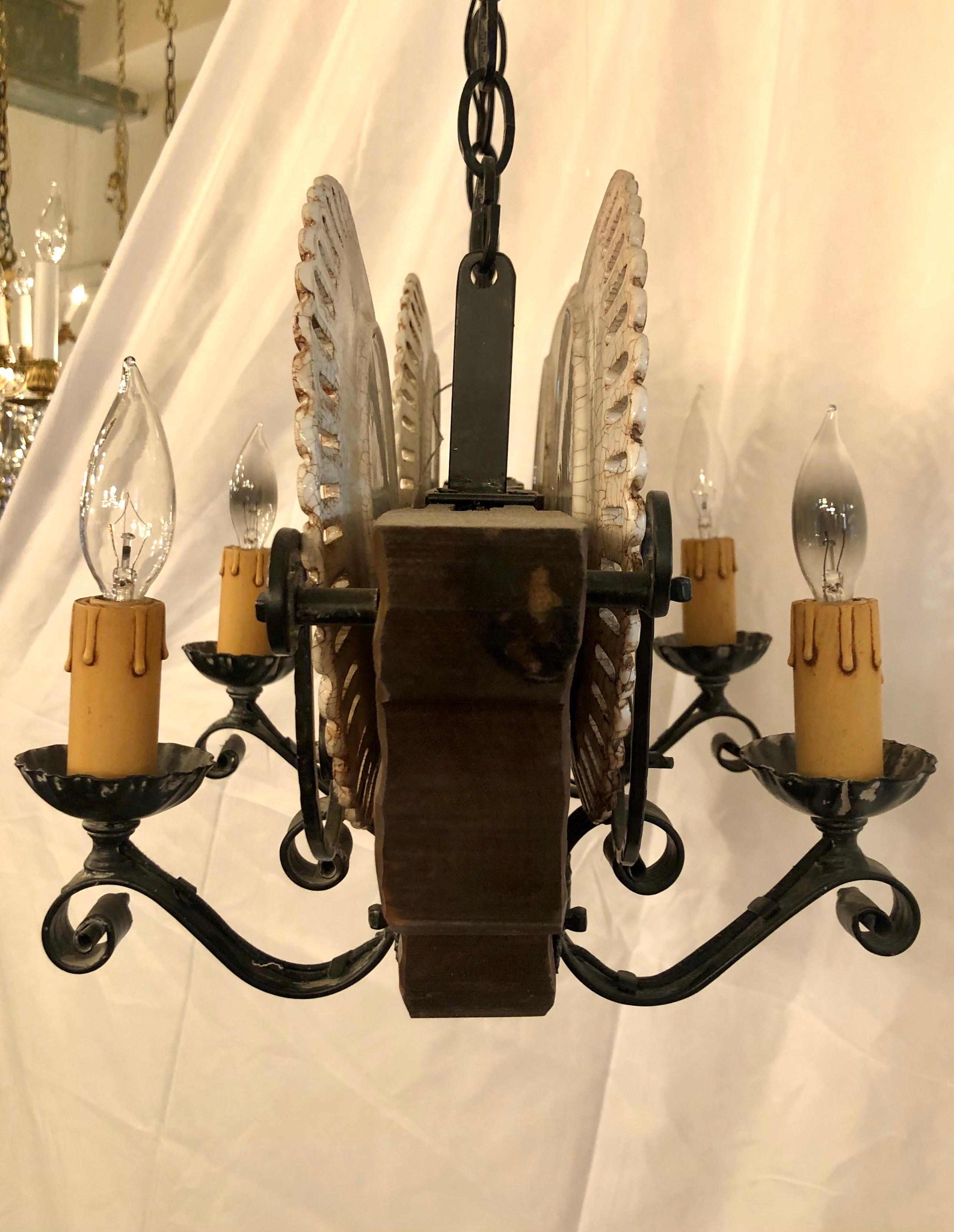 20th Century Hand-Made Wrought Iron and Carved Wood Porcelain Plate-Holder Chandelier For Sale