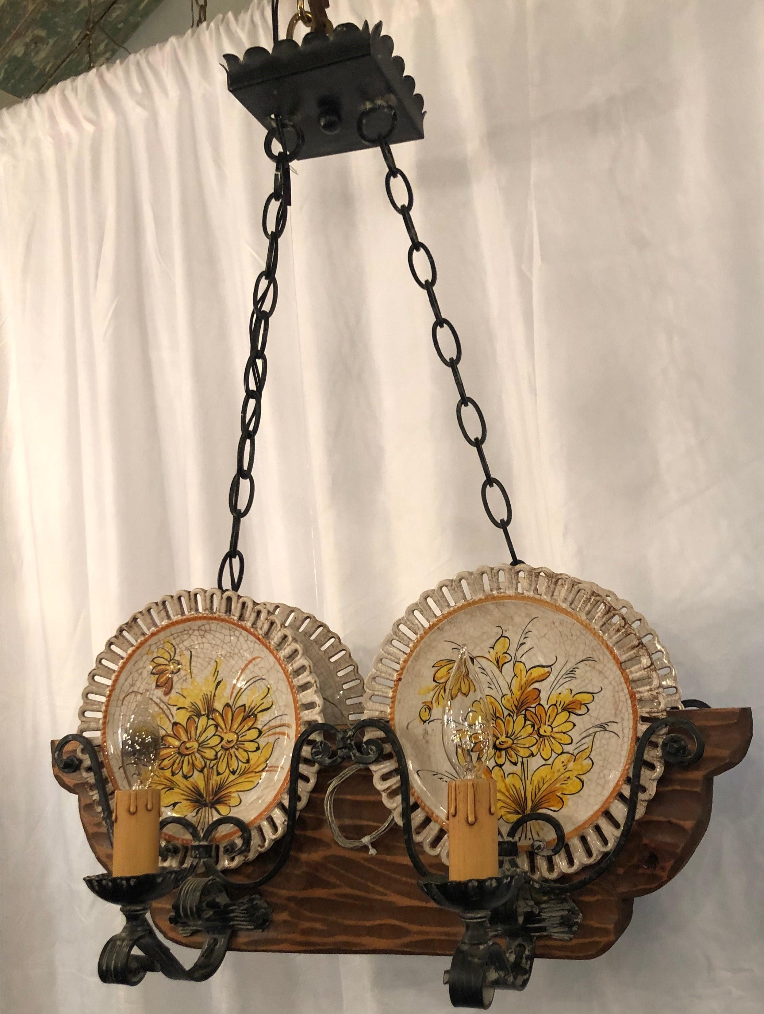 Metal Hand-Made Wrought Iron and Carved Wood Porcelain Plate-Holder Chandelier For Sale