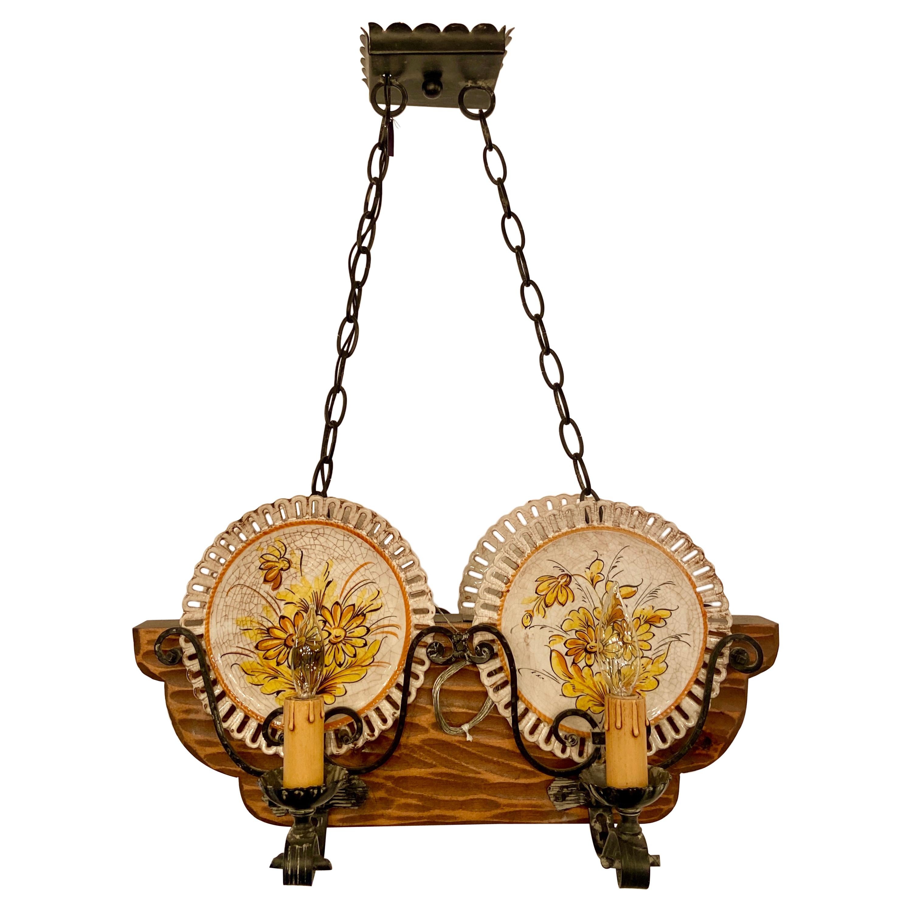 Hand-Made Wrought Iron and Carved Wood Porcelain Plate-Holder Chandelier For Sale