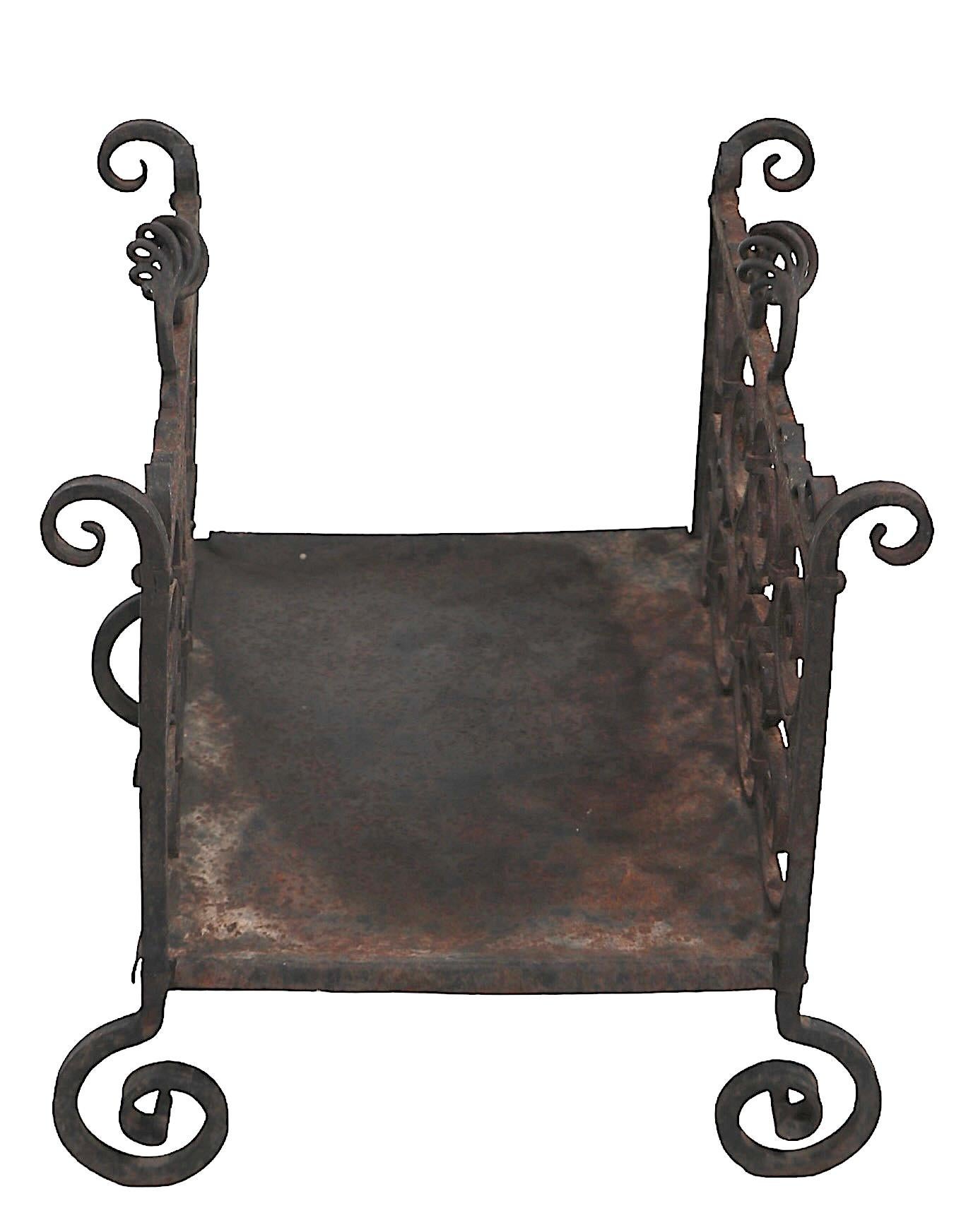 Arts and Crafts Hand Made  Wrought Iron Log Holder For Sale