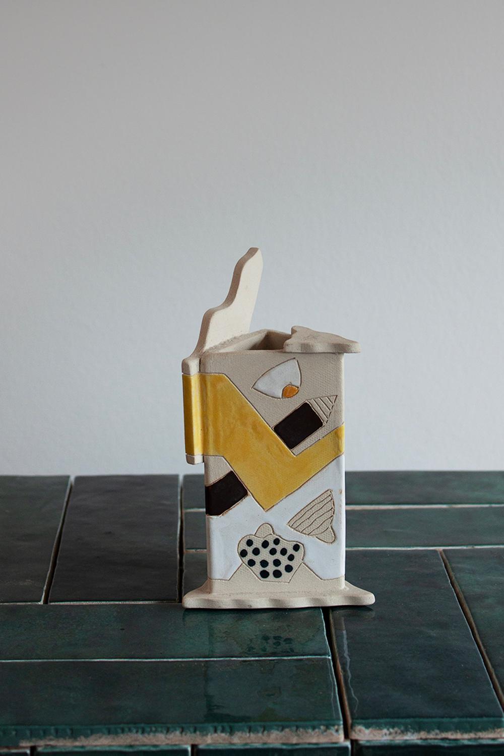 Hand-Crafted Hand Made Yellow and white small Memphis Style Vase For Sale