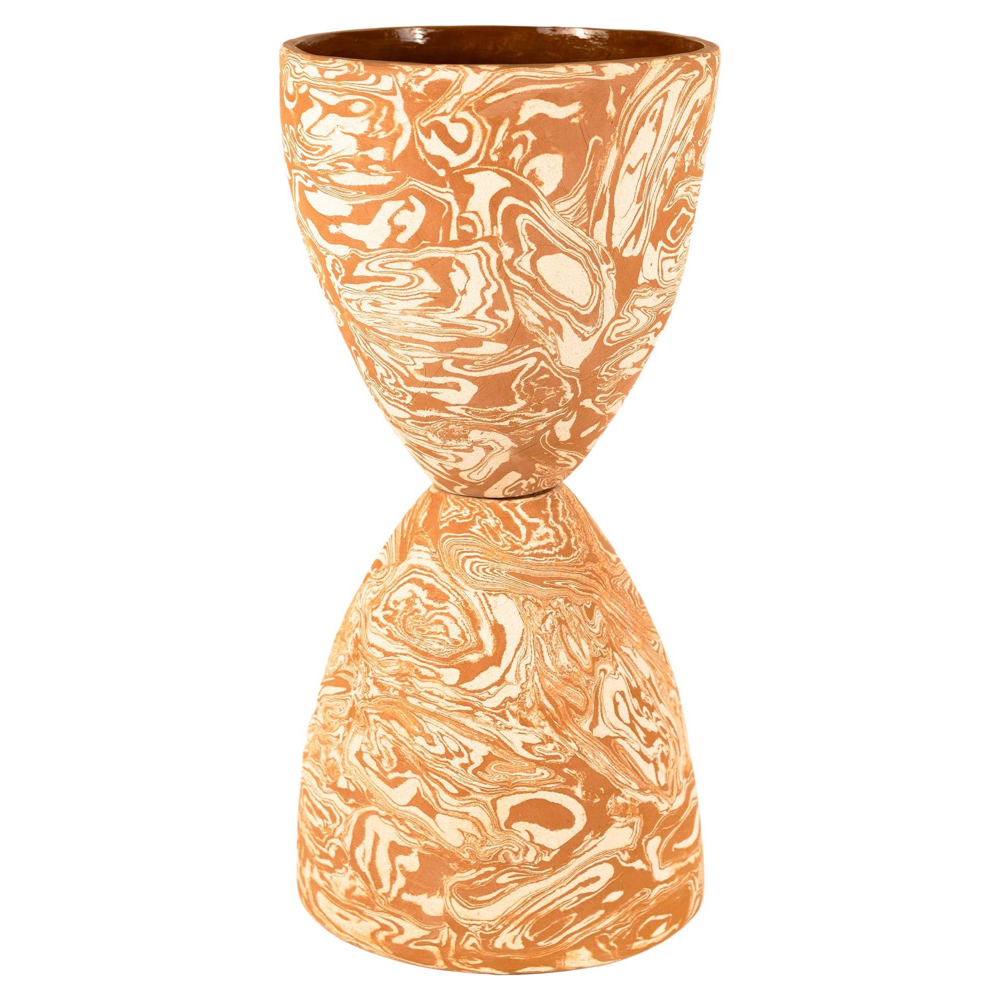 Hand Marbled Eggtimer Planter in White Chamota and Terracotta Clays.  For Sale