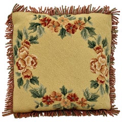 Cushion/Pillow-Hand Needlepointed with Floral Motif, Fringe Border-Hand Stitched