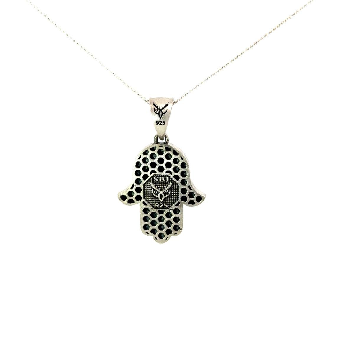 Hand of Fatima Hamsa Evil Eye - Ciondolo di charme fatto a mano e realizzato in argento. in vendita 3