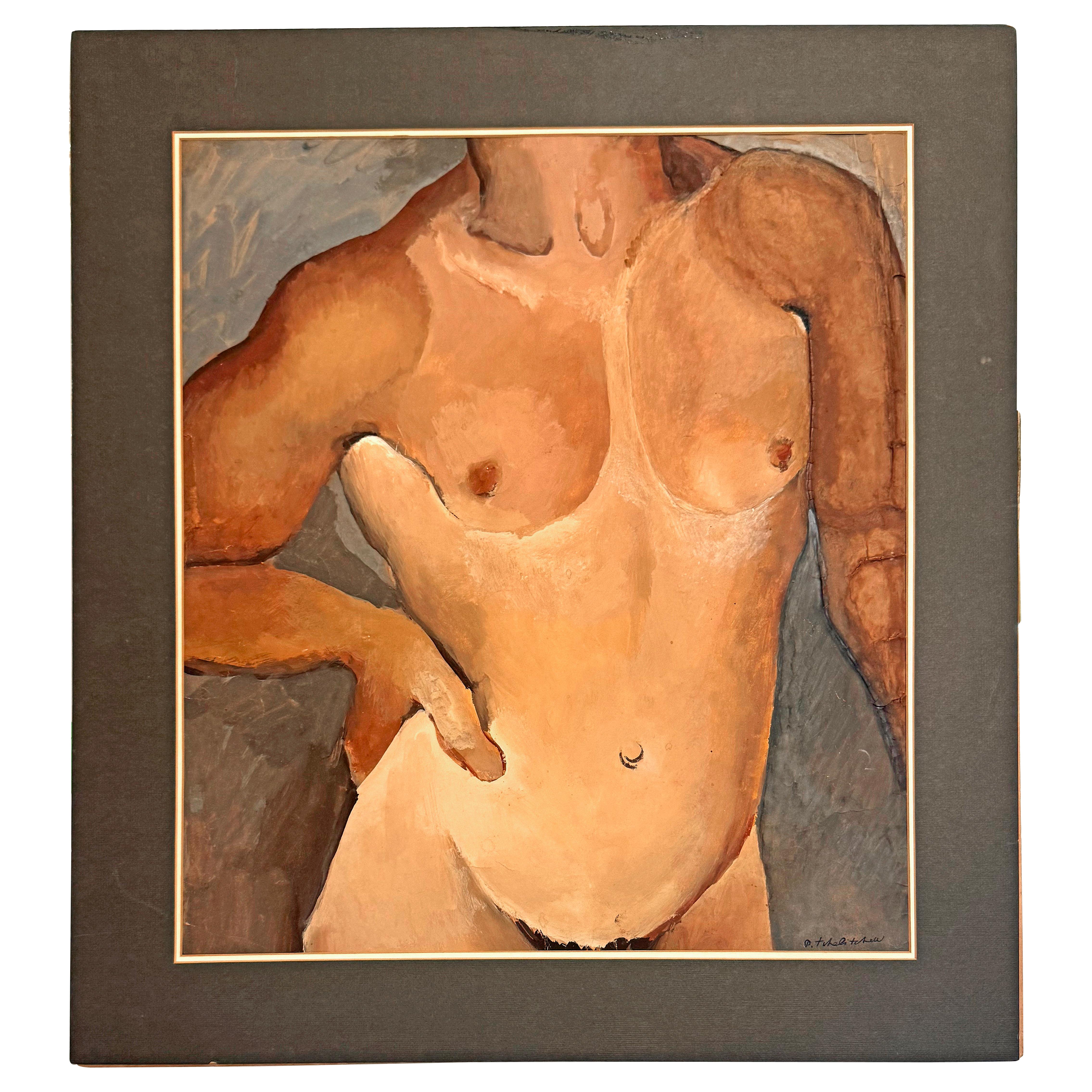 "Main sur la hanche, torse nu masculin, peinture de Tchelichew en brun roux et gris