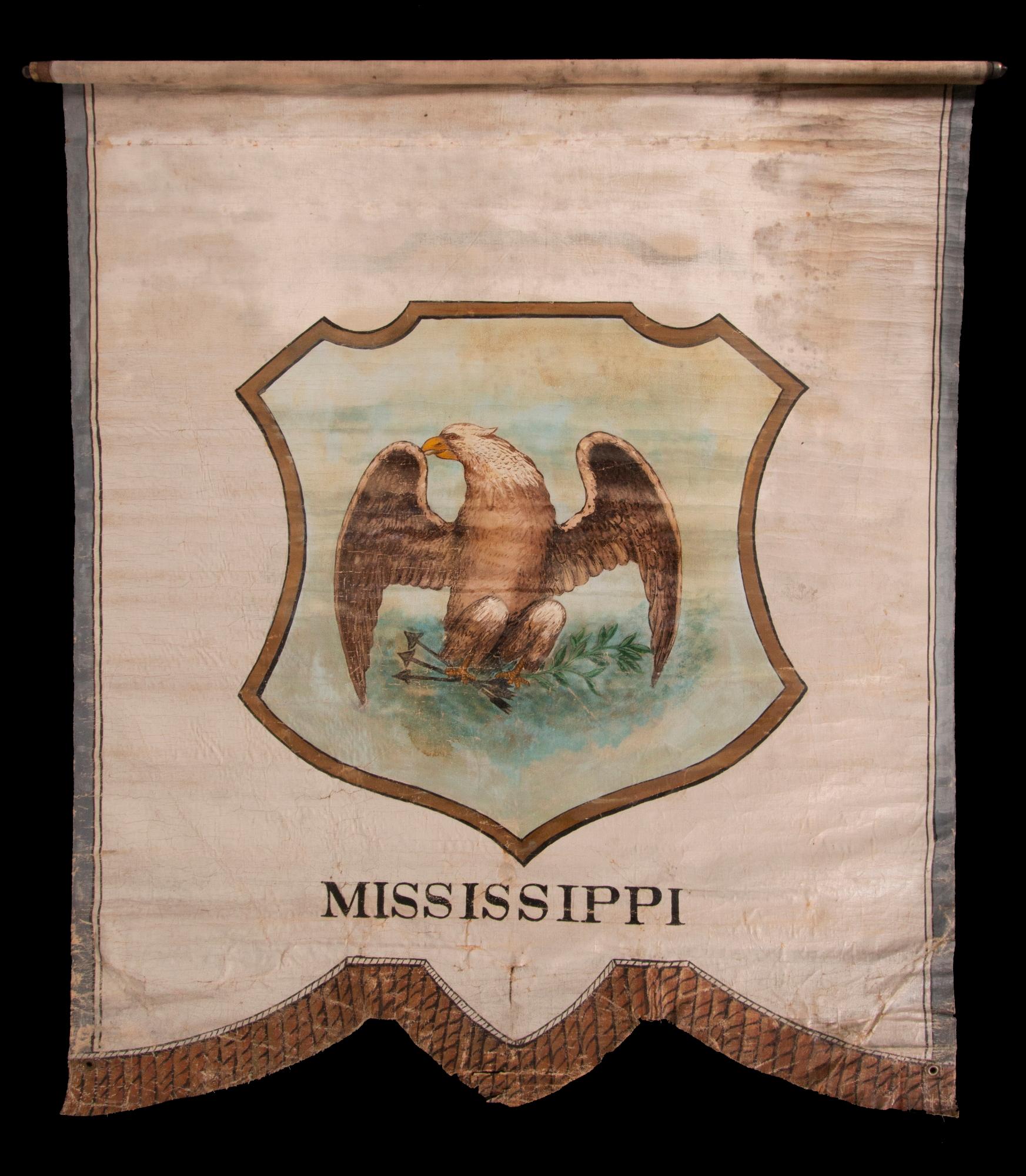 Unique, hand-painted banner with the seal of the state of mississippi, likely having represented delegates from that state at the 1872 republican or democrat national convention [similar examples identified at both]

Banner with the seal of the