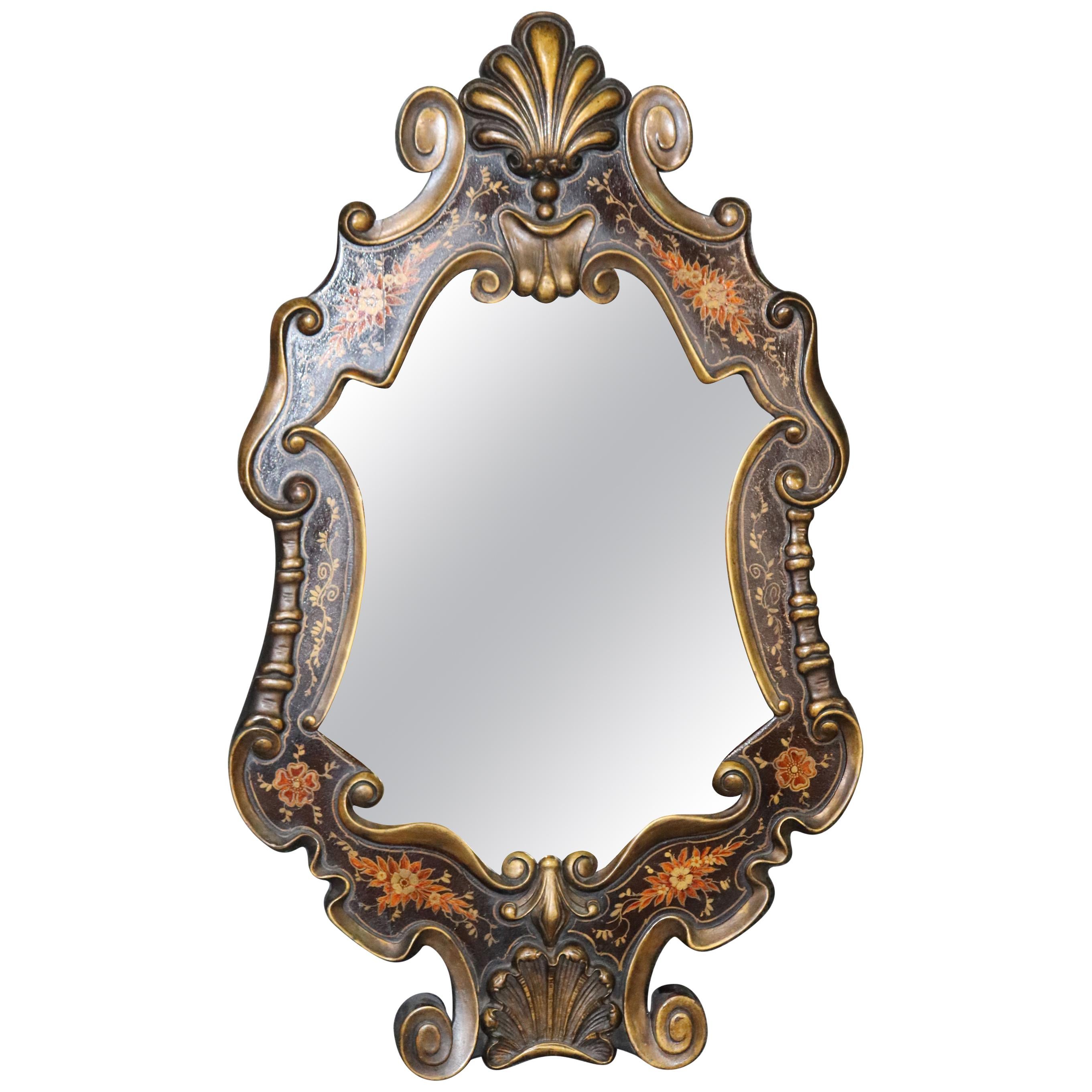 Hand-Paint Decorated Gilded Venetian Italian Wall Mirror, circa 1940 For Sale