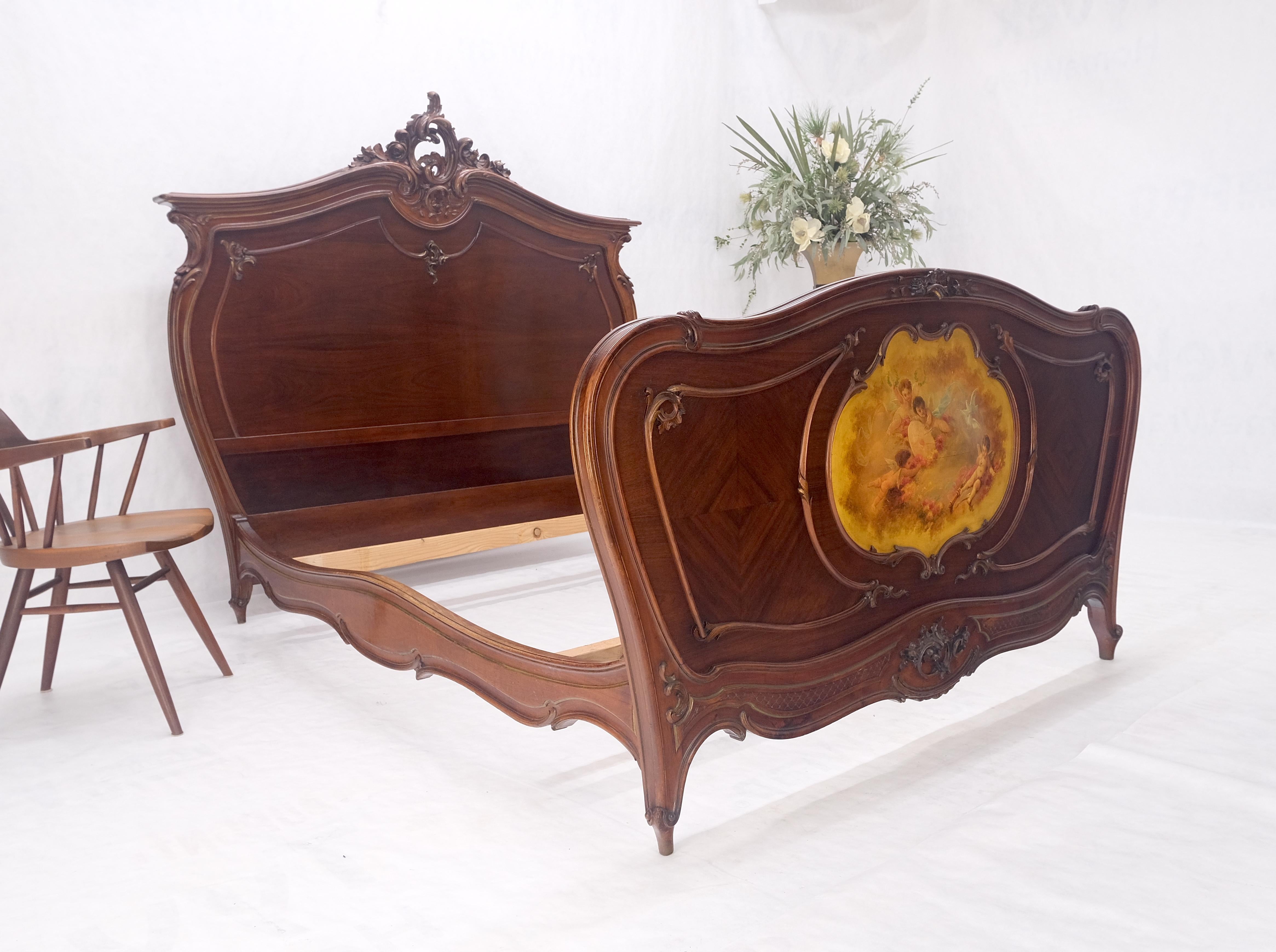 Hand Paint Decorated Plaque Carved Walnut Queen Size French Bed Headboard Rails For Sale 4