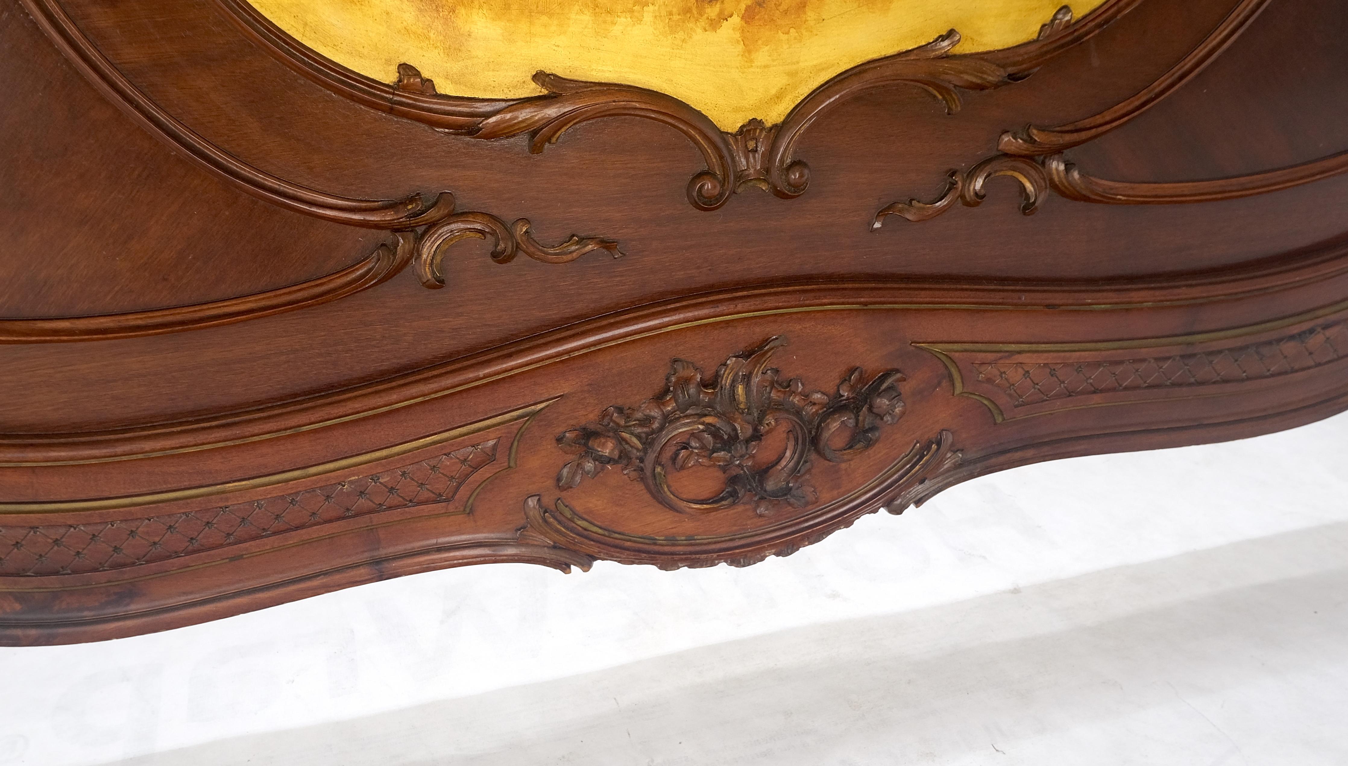 20th Century Hand Paint Decorated Plaque Carved Walnut Queen Size French Bed Headboard Rails For Sale