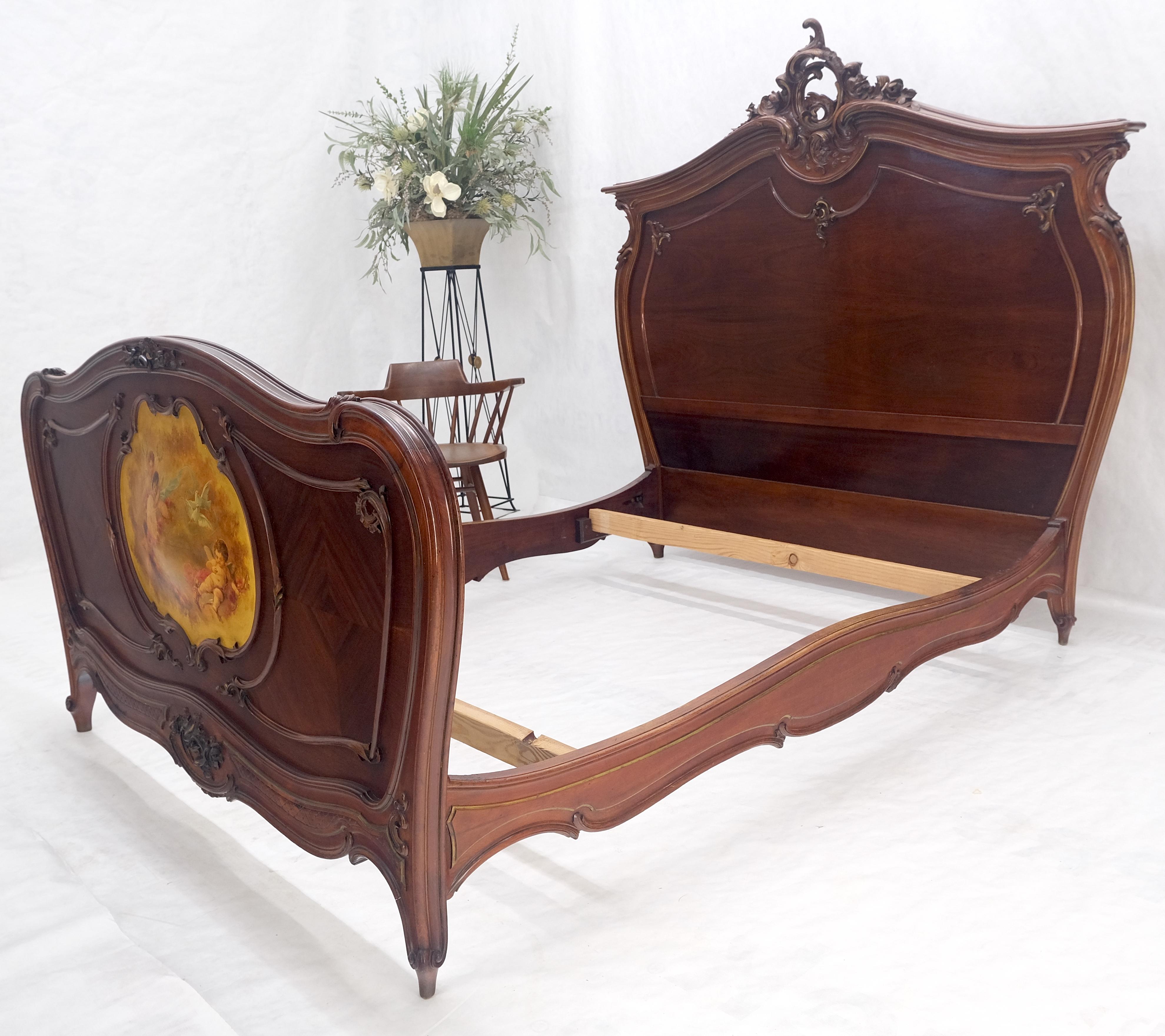 Hand Paint Decorated Plaque Carved Walnut Queen Size French Bed Headboard Rails For Sale 3