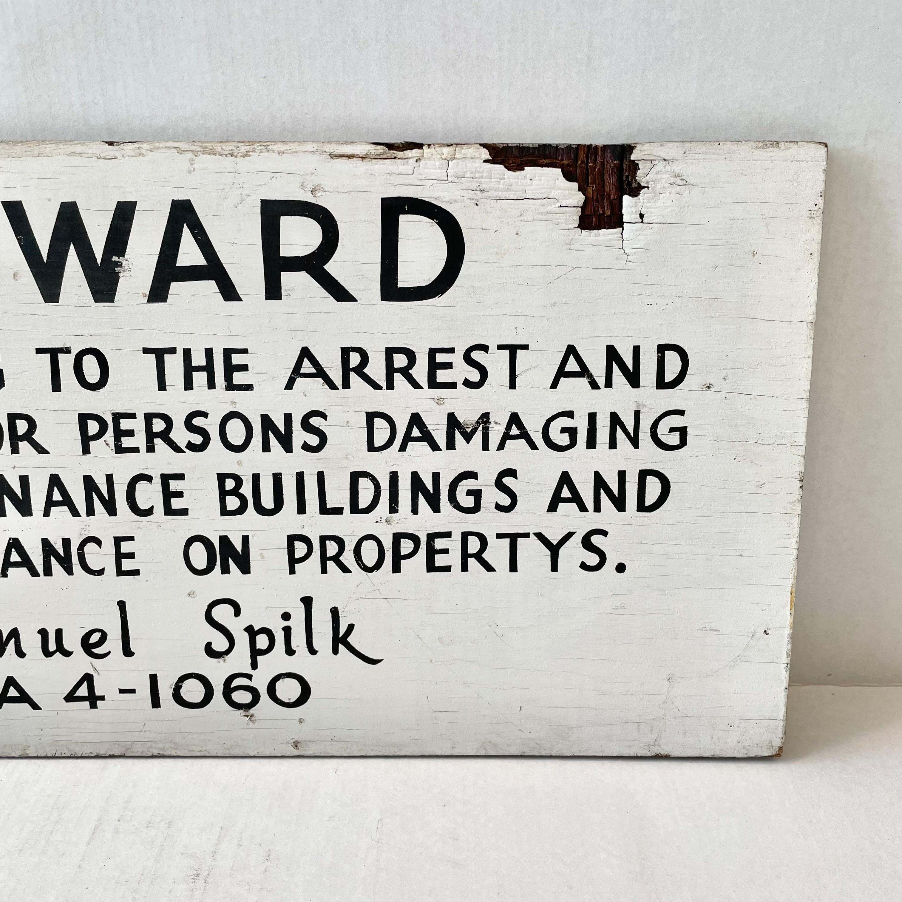 American Hand Painted $100 REWARD Wooden Sign, 1940s Los Angeles  For Sale