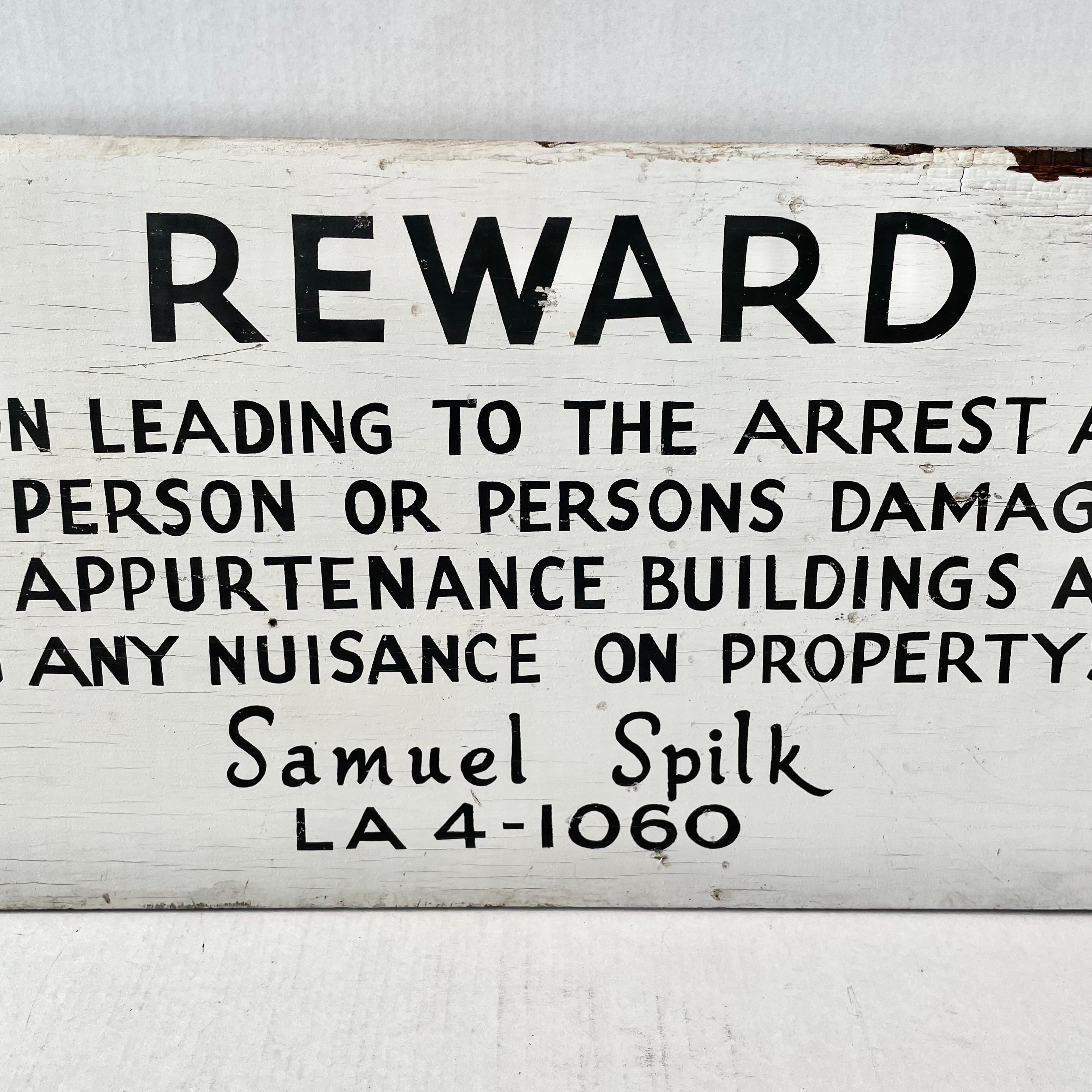 Hand-Painted Hand Painted $100 REWARD Wooden Sign, 1940s Los Angeles  For Sale