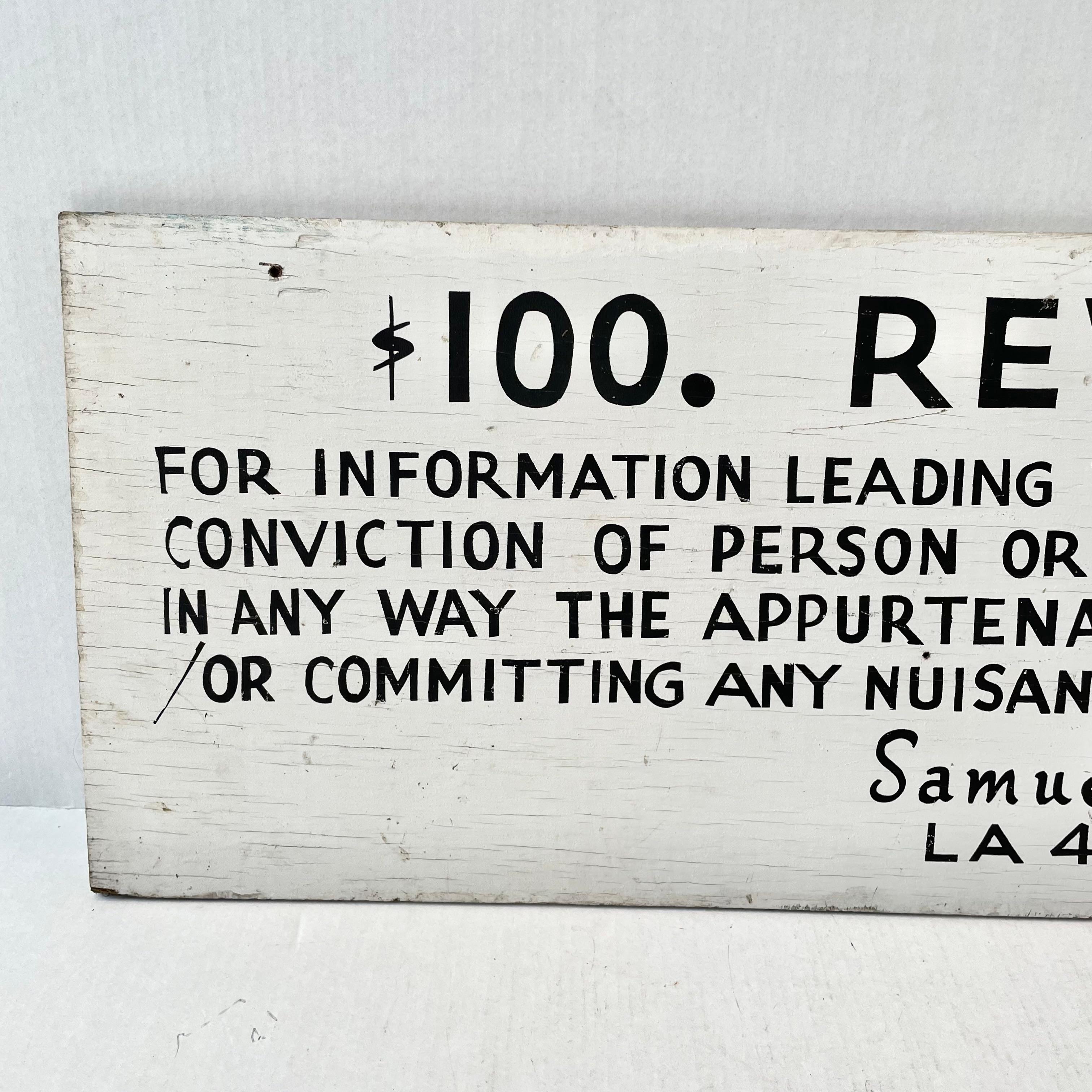 Mid-20th Century Hand Painted $100 REWARD Wooden Sign, 1940s Los Angeles  For Sale