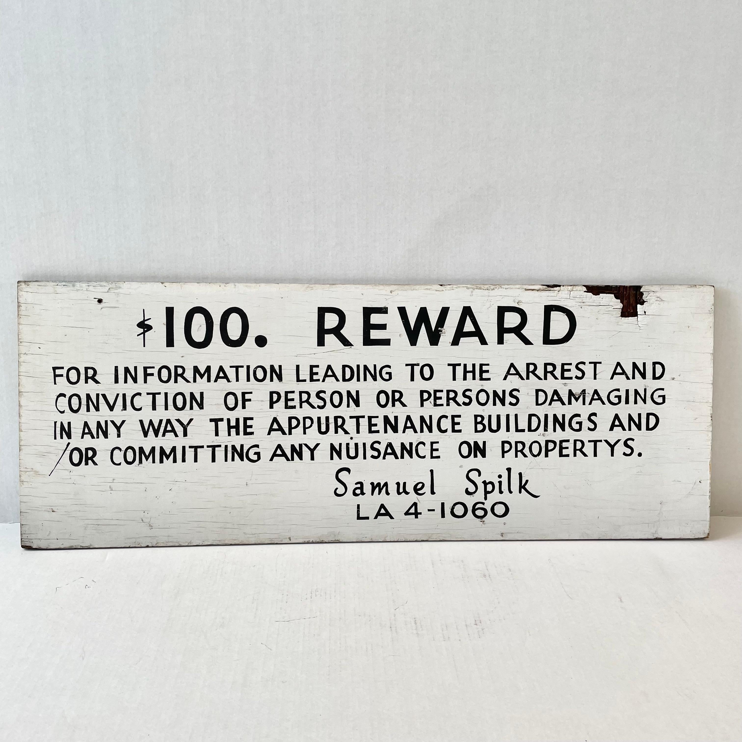 Hand Painted $100 REWARD Wooden Sign, 1940s Los Angeles  For Sale 1