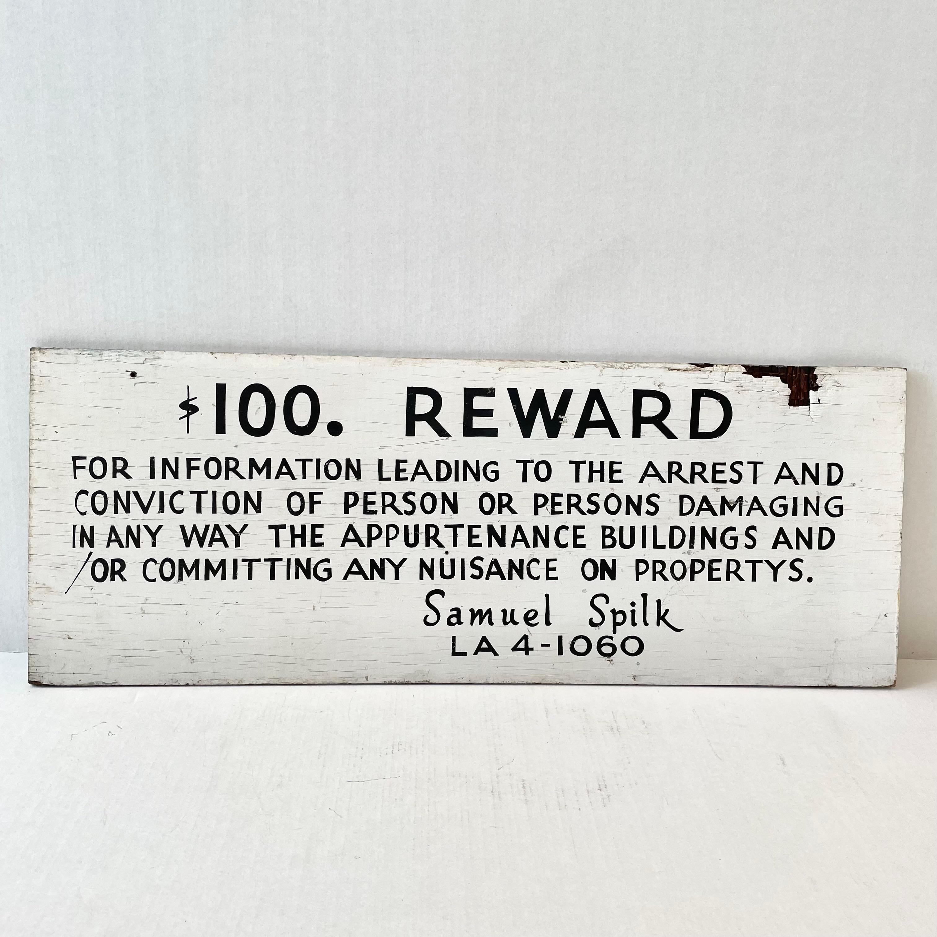 Hand Painted $100 REWARD Wooden Sign, 1940s Los Angeles  For Sale 2