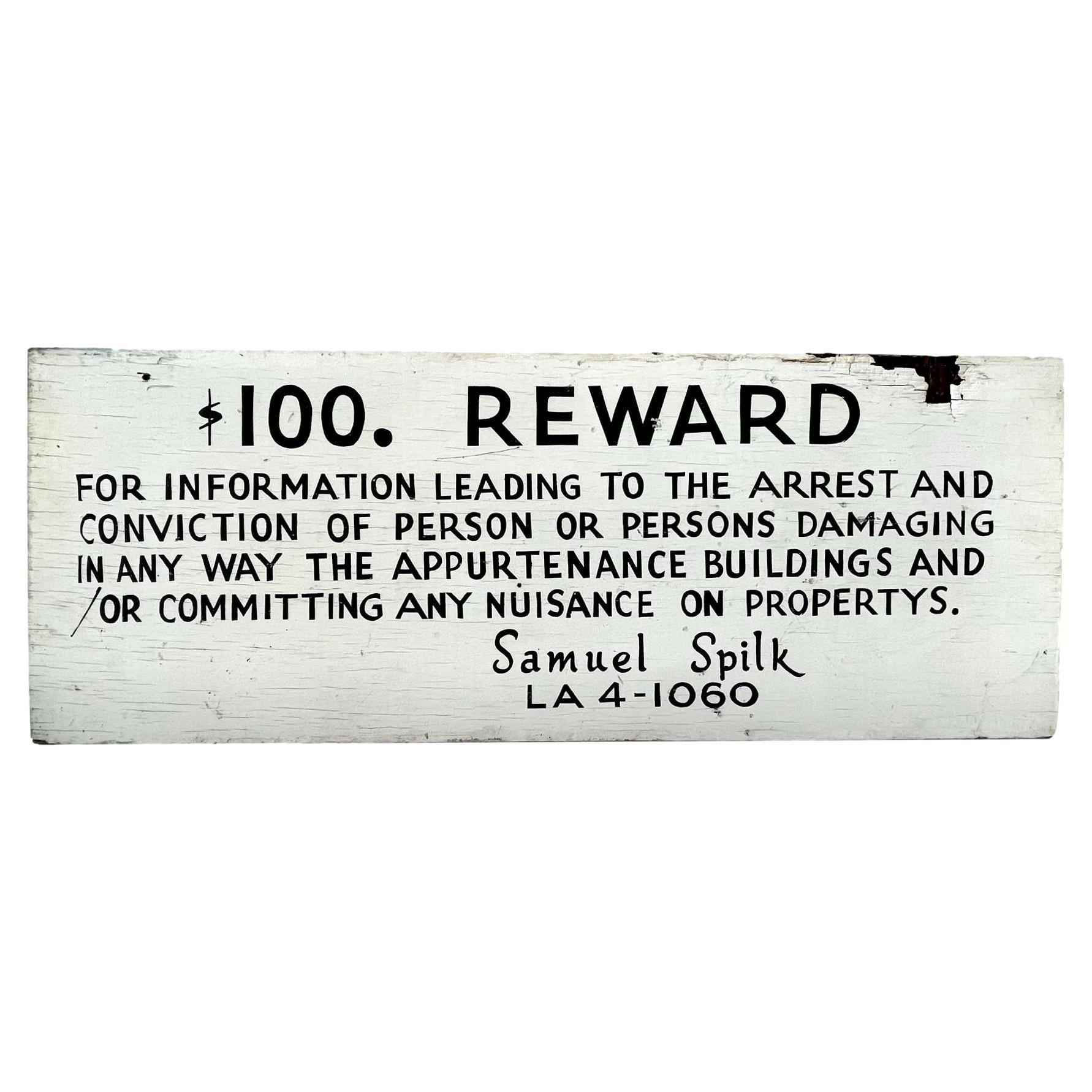 Panneau en bois peint à la main 100 $ REWARD, Los Angeles, années 1940 