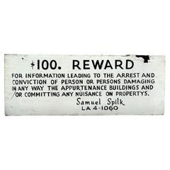 Hand Painted $100 REWARD Wooden Sign, 1940s Los Angeles 