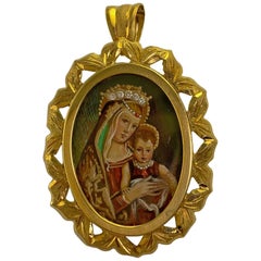 Hand Painted 18 Karat Yellow Gold and Diamond Miniature Mother and Child Pendant