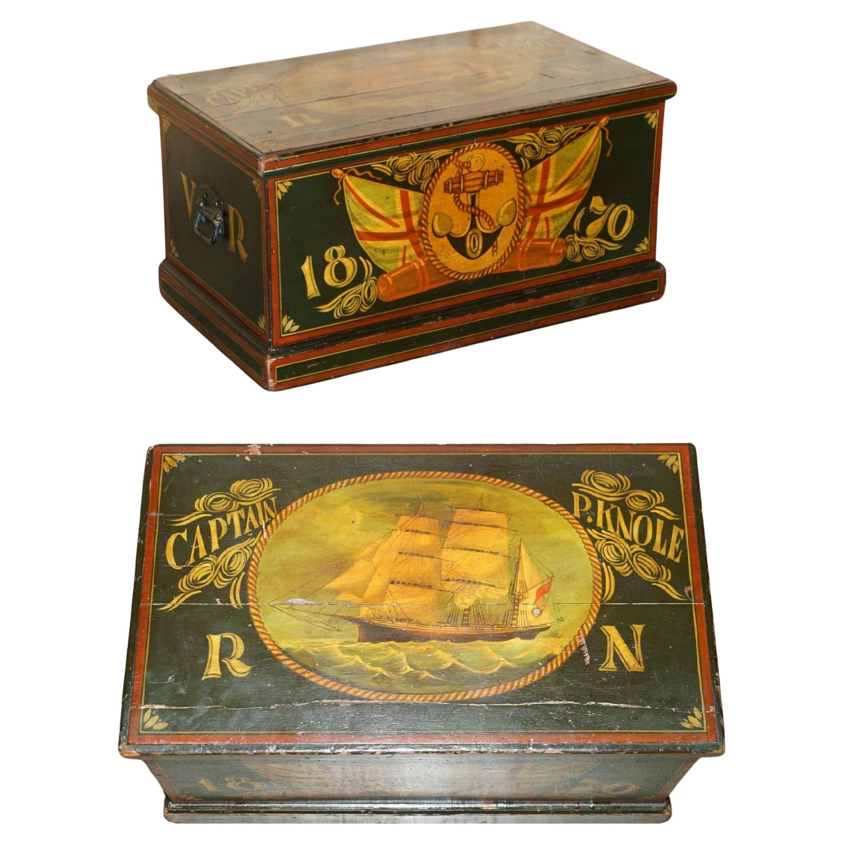 P.KNOLE STEAMER TRUNK OR CHEST WiTH THEME NAUTICAL DE 1870 P.KNOLE PAINTE À LA MAIN en vente