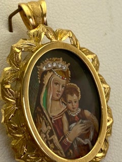 Hand Painted 18 Karat Yellow Gold and Diamond Miniature Mother and Child Pendant