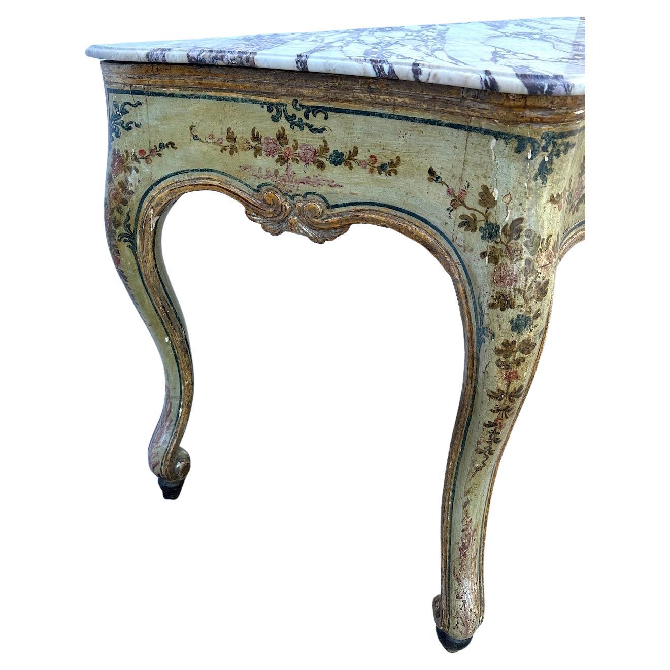 Hand-painted, 18th century, Italian, one drawer console from Genoa, with later marble top.