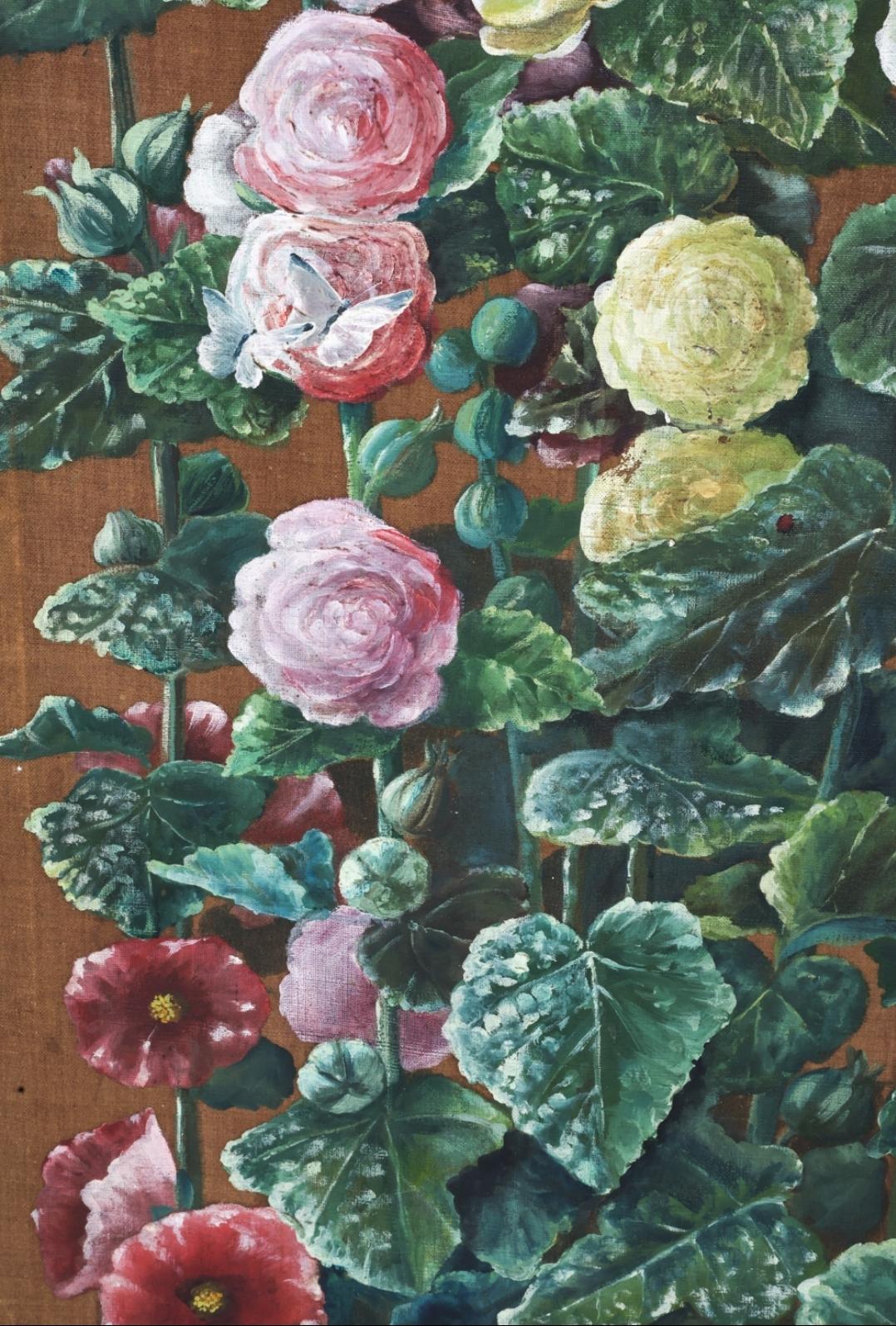 Paravent du 19e siècle peint à la main avec des roses trémières en vente 5