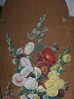 Hand Painted 19th Century Folding Screen With Hollyhocks