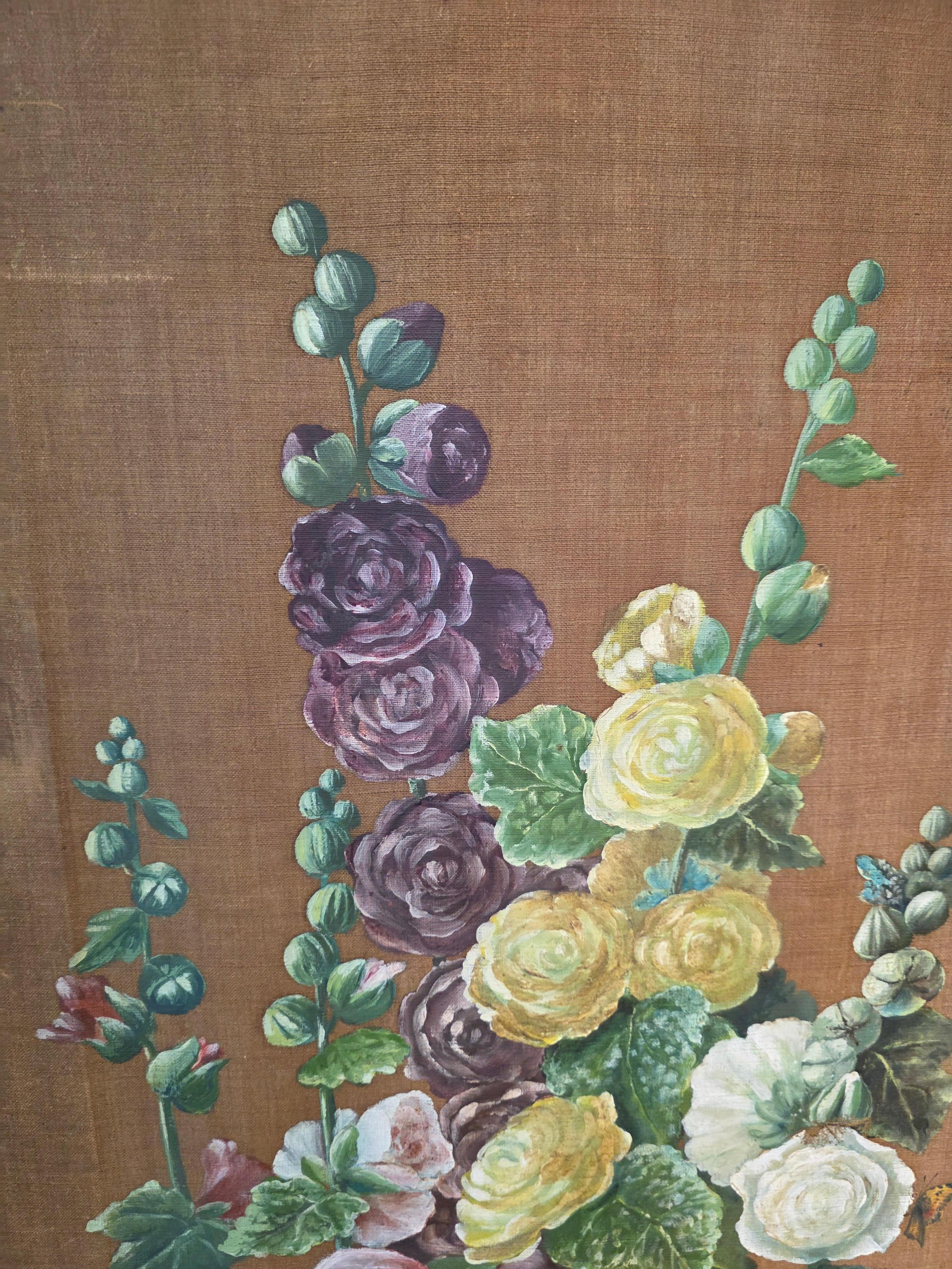 Mouvement esthétique Paravent du 19e siècle peint à la main avec des roses trémières en vente