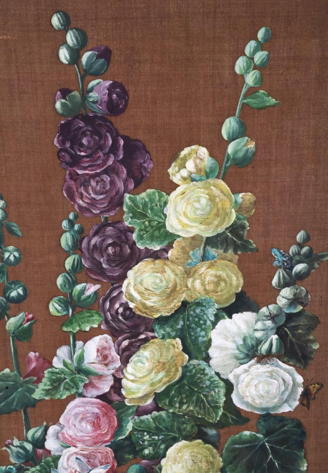 Paravent du 19e siècle peint à la main avec des roses trémières en vente 1
