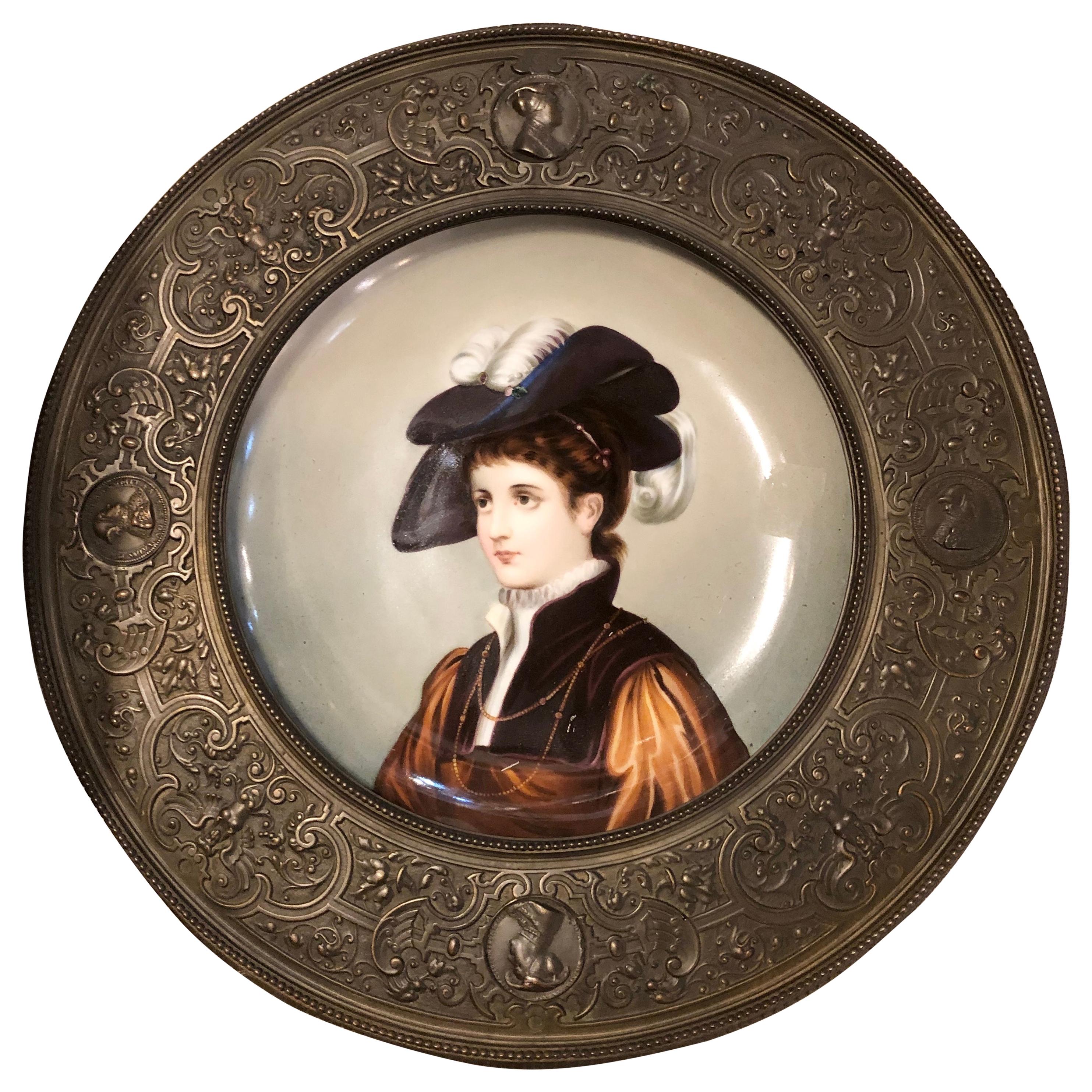 Hand Painted 19th Century Porcelain Plate Framed in a High Relief Bronze Frame