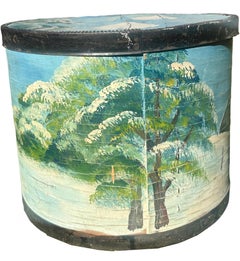 Hand Painted 19th Century Wooden Bandbox with a Winter Landscape