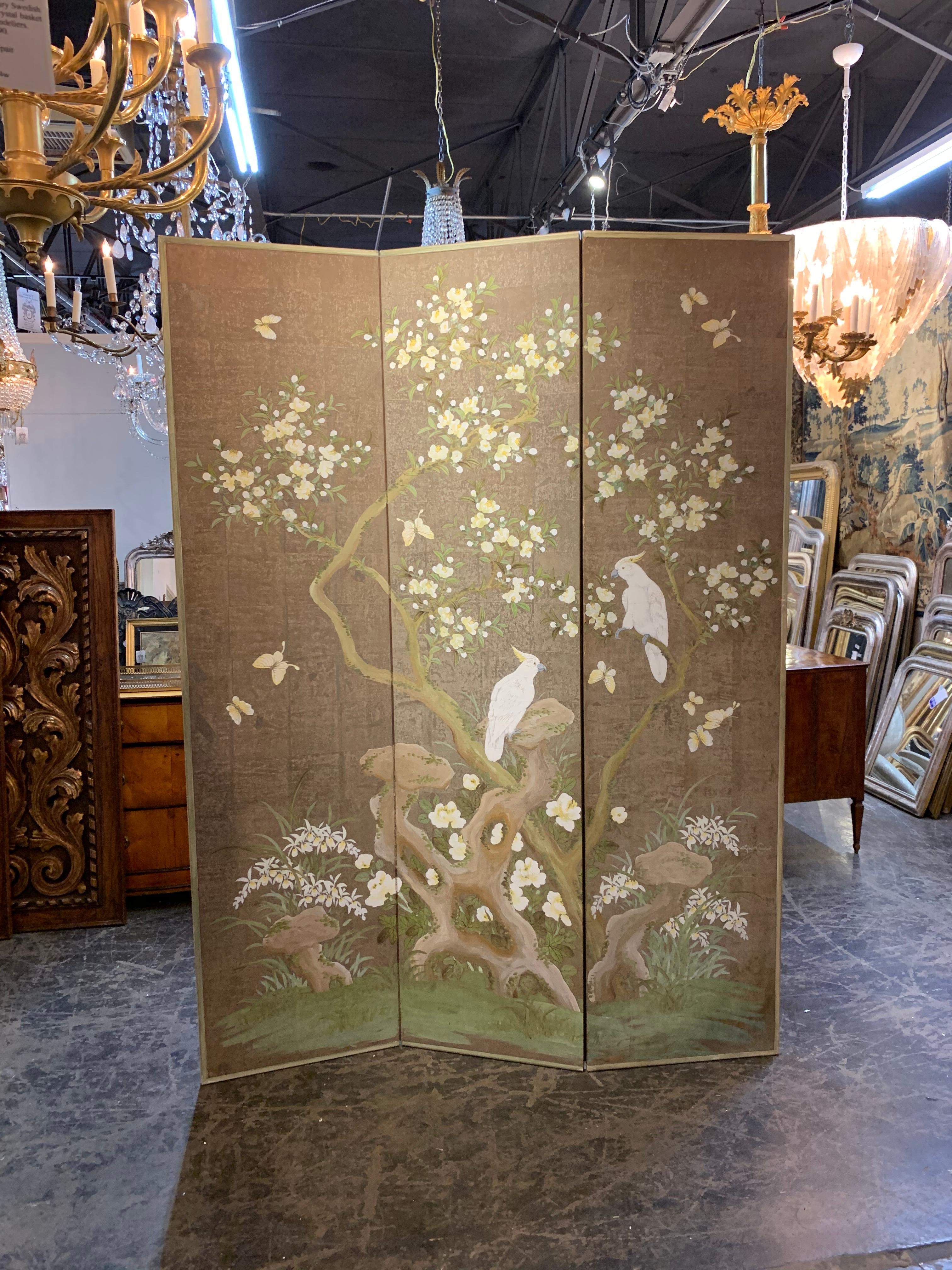 Gorgeous hand painted screen by artist Robert Crowder. Featuring beautiful birds and flowers. A stunning work of art!