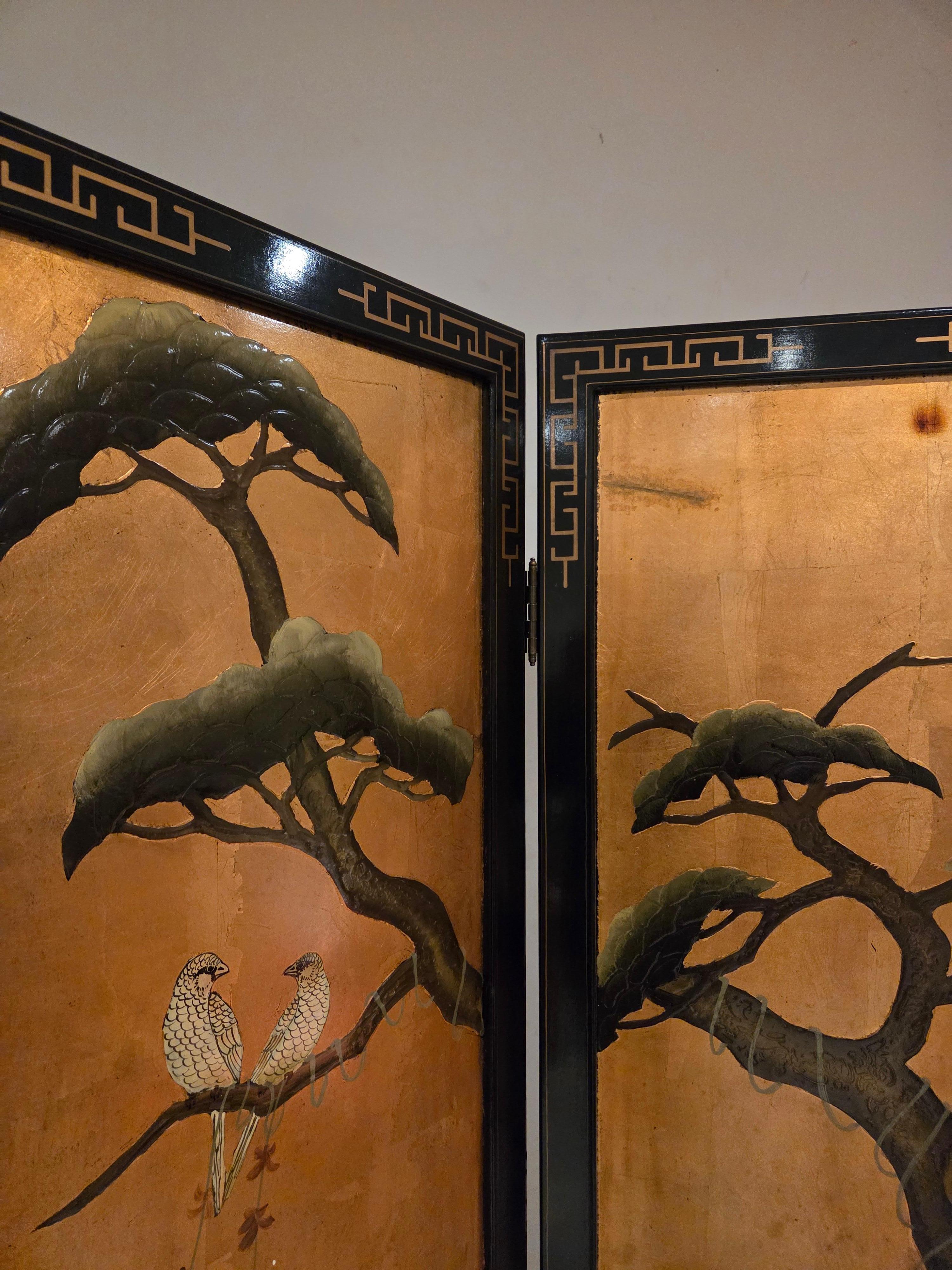  Hand Painted, 4 Panel Folding Screen with Crane Birds, Room Divider