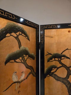 Hand Painted, 4 Panel Folding Screen with Crane Birds, Room Divider