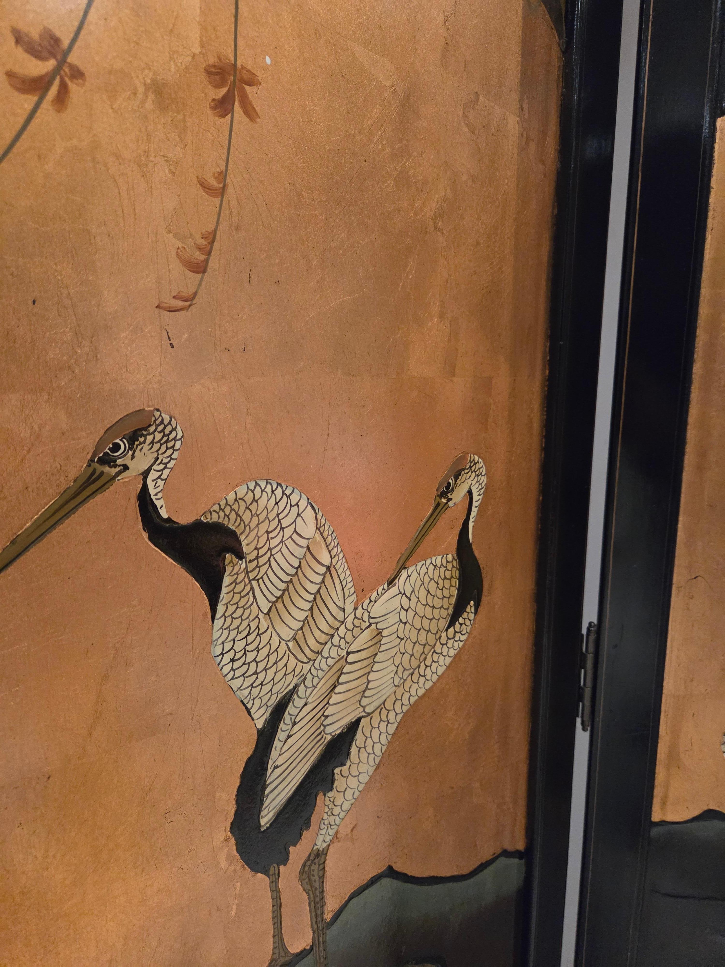 Japonisme Hand Painted, 4 Panel Folding Screen with Crane Birds, Room Divider For Sale