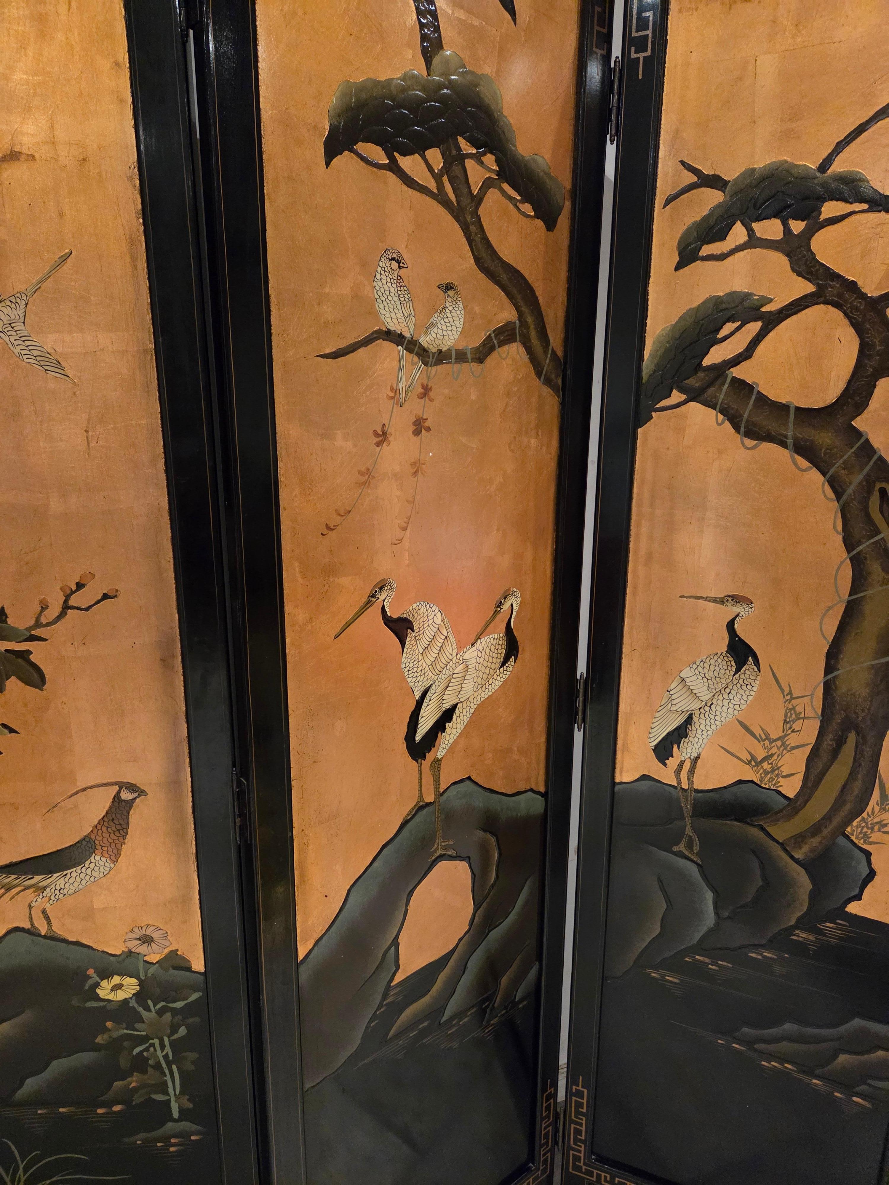 Japanese Hand Painted, 4 Panel Folding Screen with Crane Birds, Room Divider For Sale