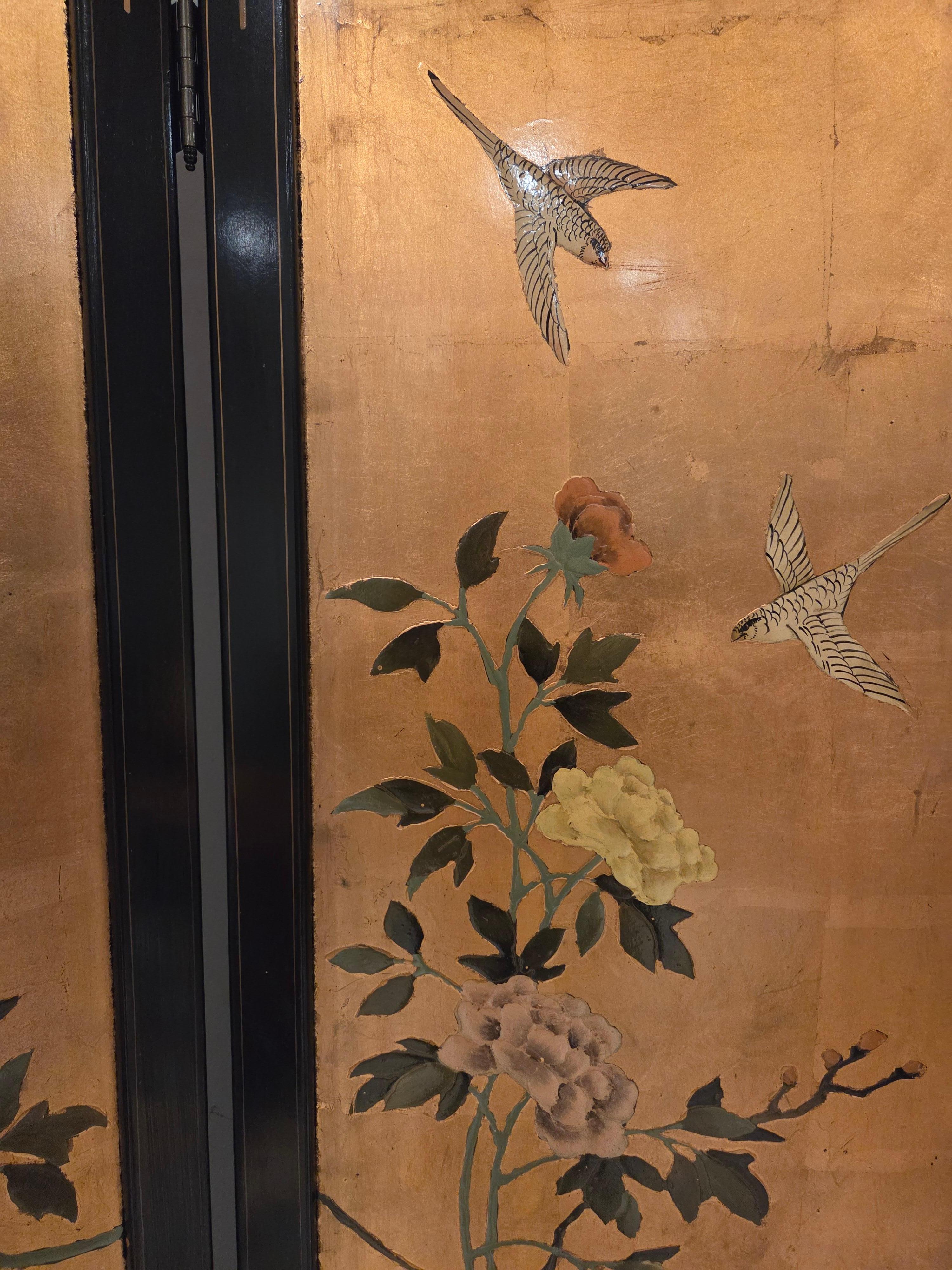 Late 20th Century Hand Painted, 4 Panel Folding Screen with Crane Birds, Room Divider For Sale