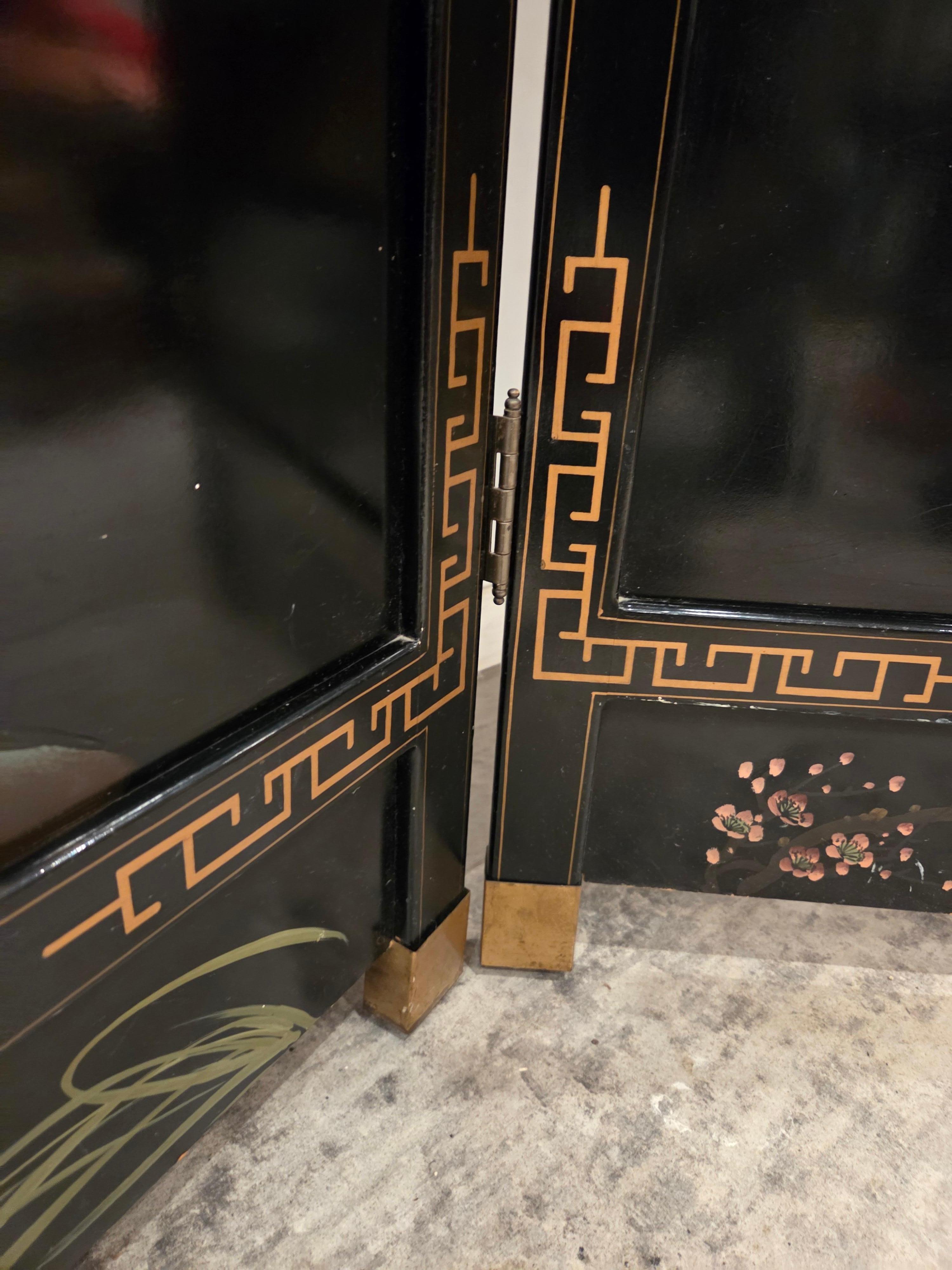 Gold Leaf Hand Painted, 4 Panel Folding Screen with Crane Birds, Room Divider For Sale