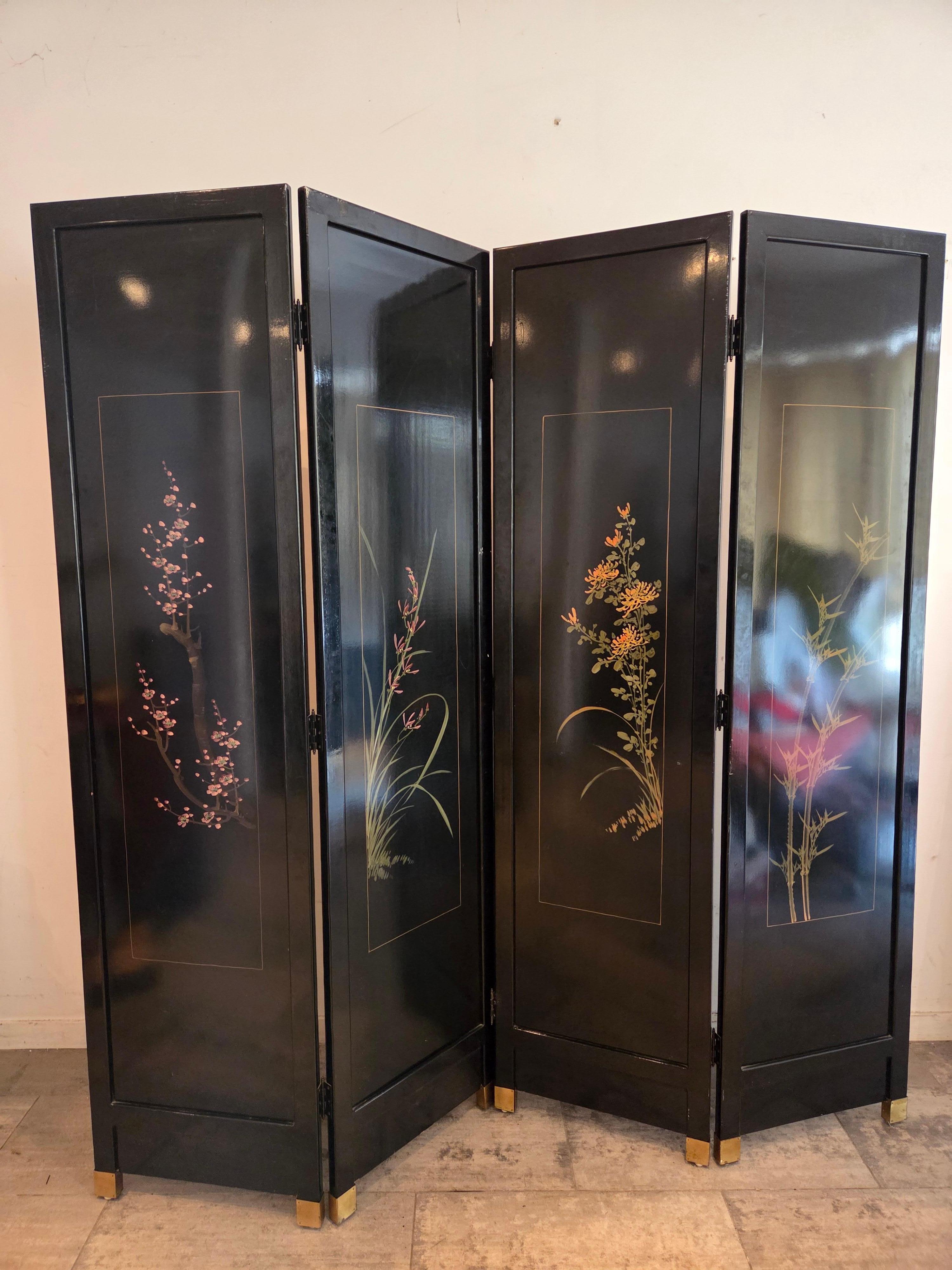 Hand Painted, 4 Panel Folding Screen with Crane Birds, Room Divider For Sale 2